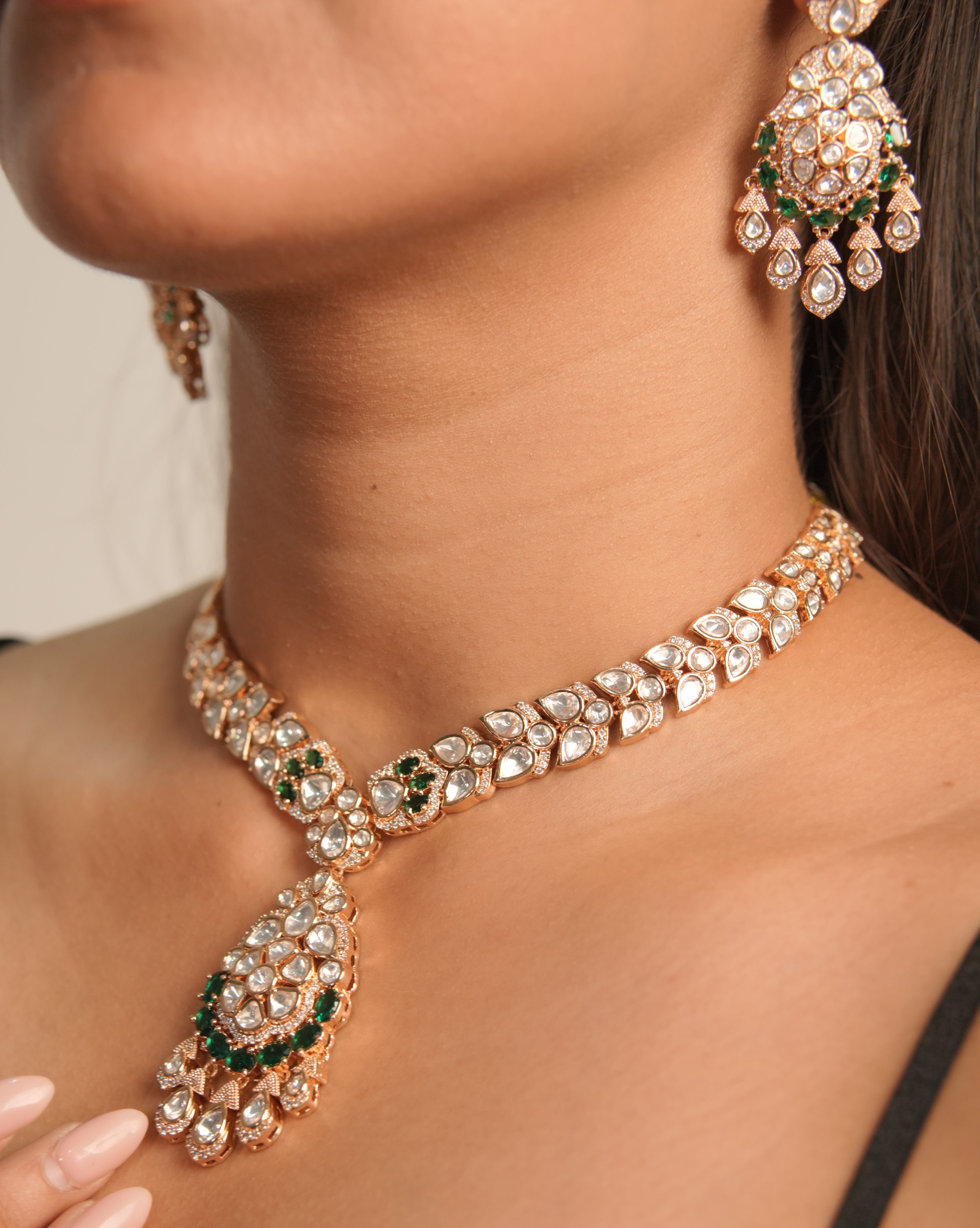 Mahira Emerald Green Moissanite Necklace Set with Earrings