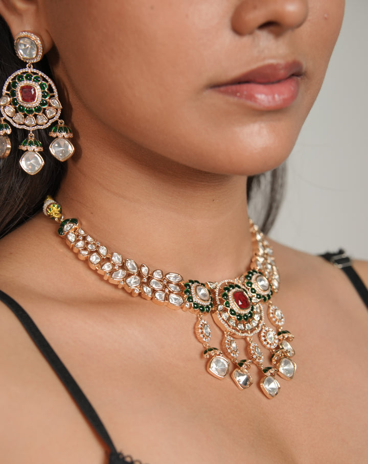 Ruhani Ruby Green Moissanite Necklace Set with Earrings