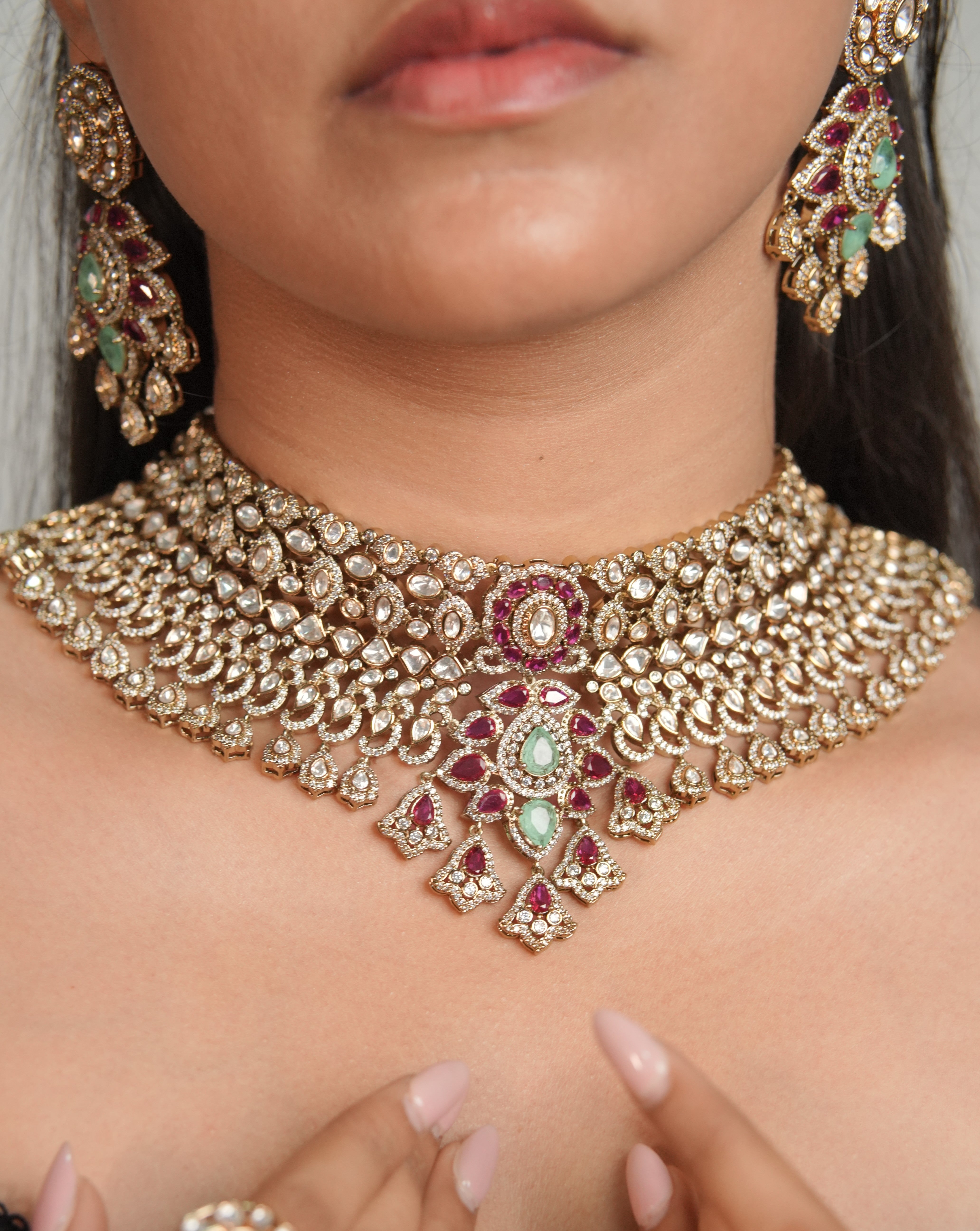 Noorza Ruby Emerald Moissanite Choker Set with Earrings