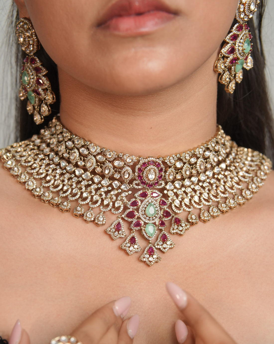 Noorza Ruby Emerald Moissanite Choker Set with Earrings