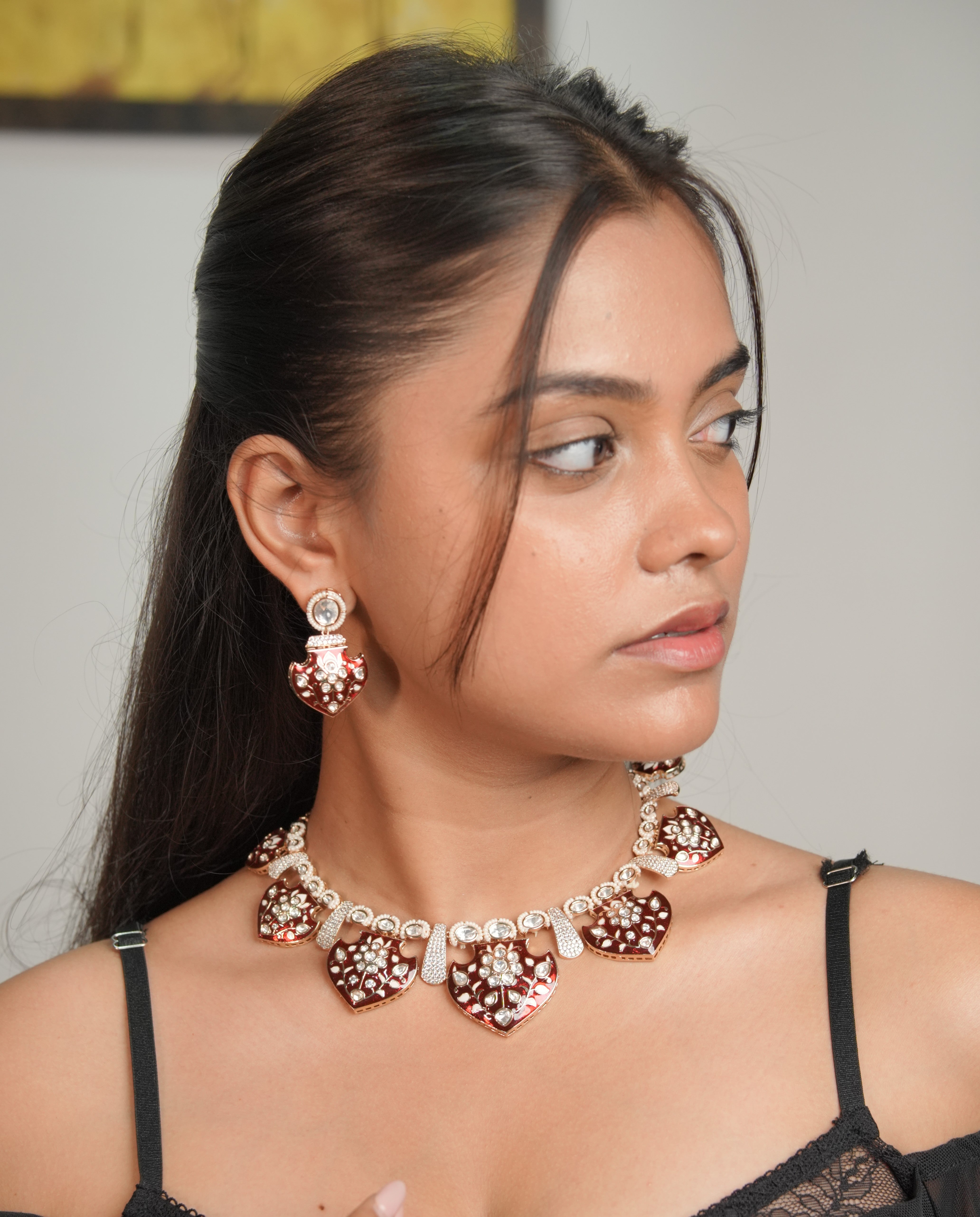 Sitara Red Meenakari Moissanite Necklace Set with Earrings