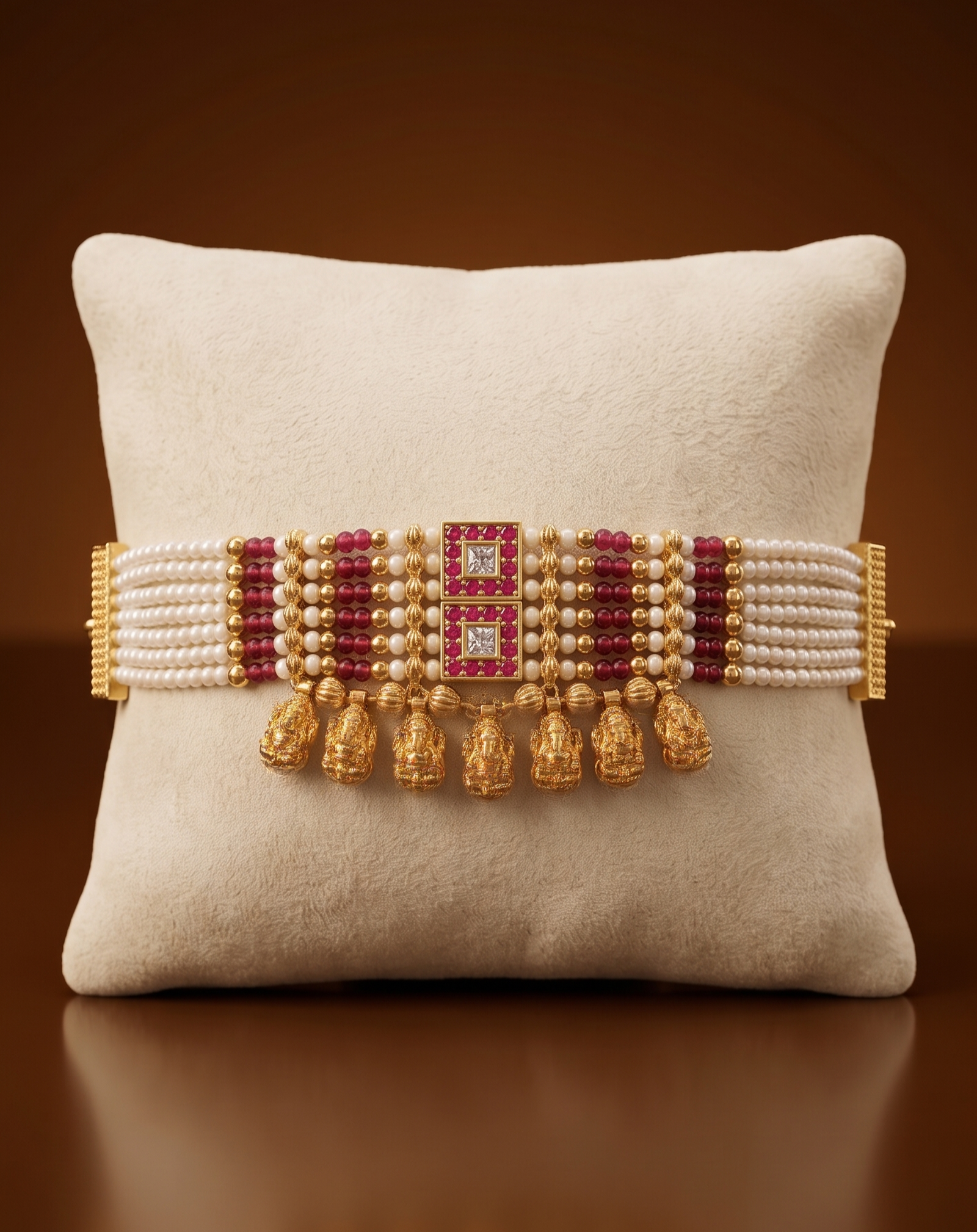 Decorative belt beads gold accents on a beige pillow against a brown background