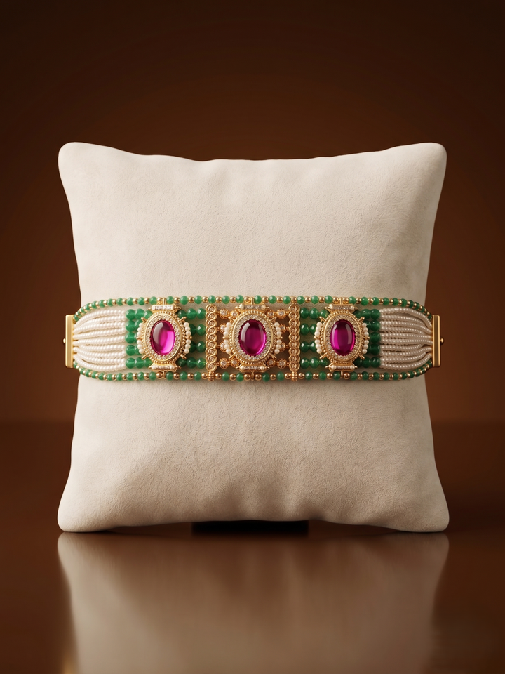 Decorative belt with pink gemstones and green accents on a beige pillow against a brown background