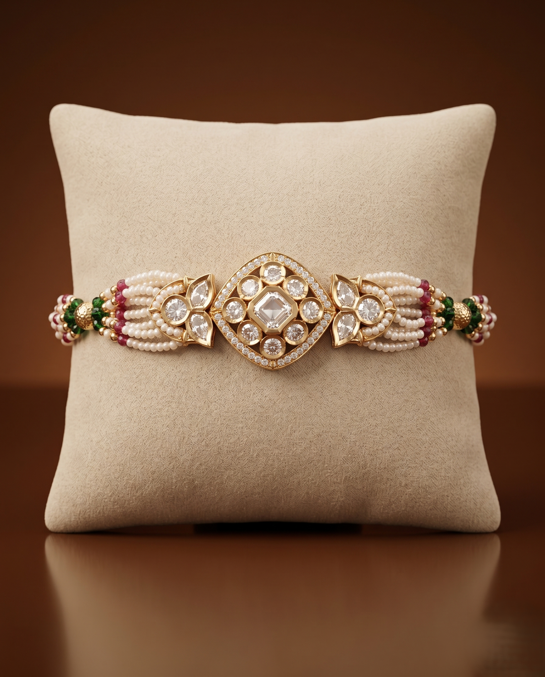 Decorative bracelet with gemstones on a beige cushion against a brown background