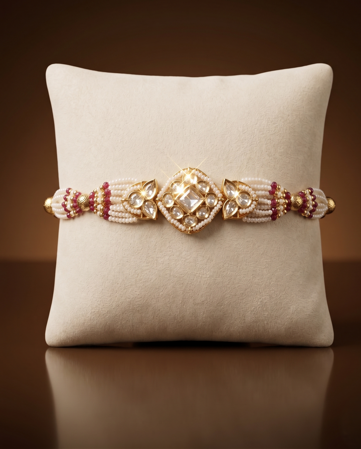 Decorative bracelet with gold and red accents on a beige cushion against a brown background