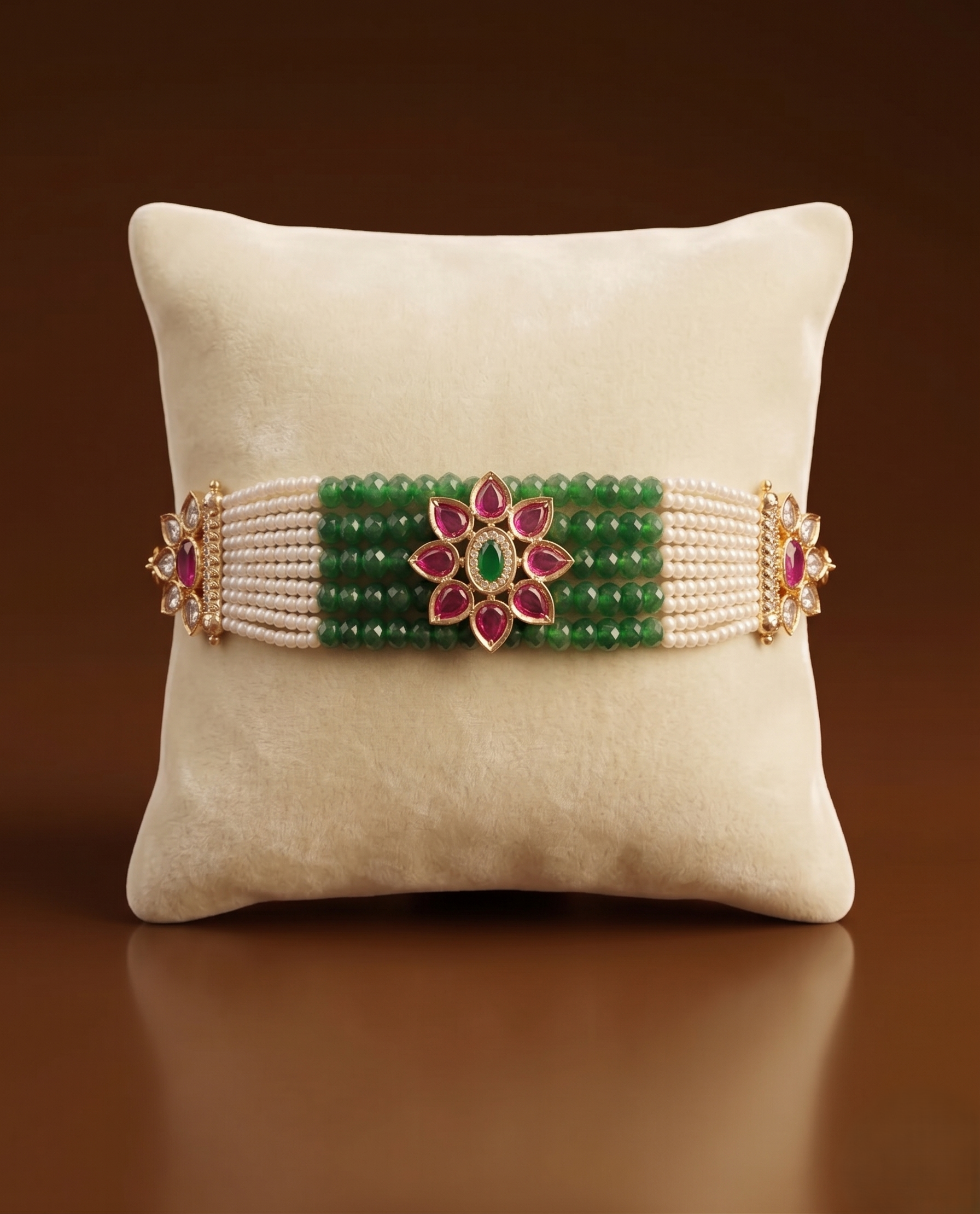 Decorative bracelet with green beads and floral design on a beige pillow against a brown background