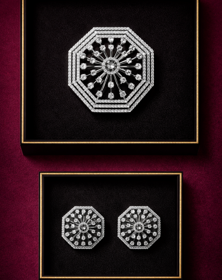 Decorative brooch and earrings on a dark background