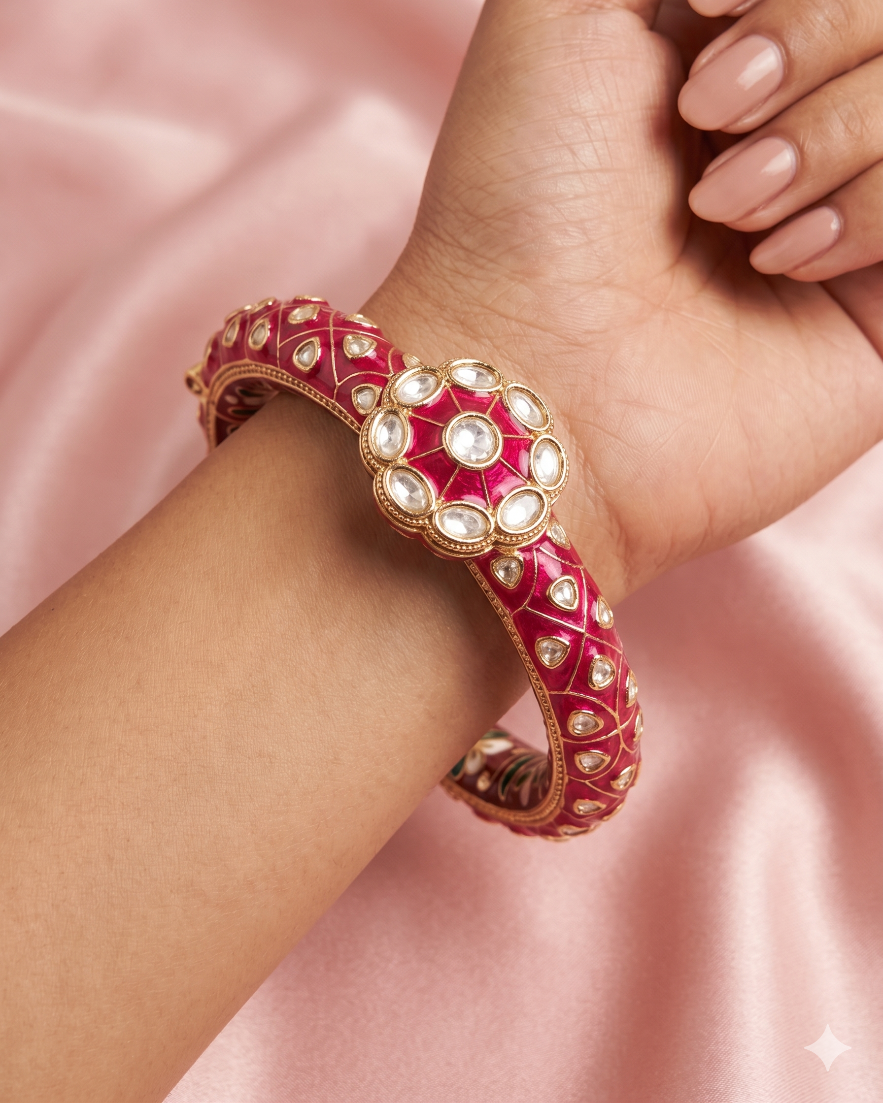 Decorative red and gold bangle on a wrist against a pink background