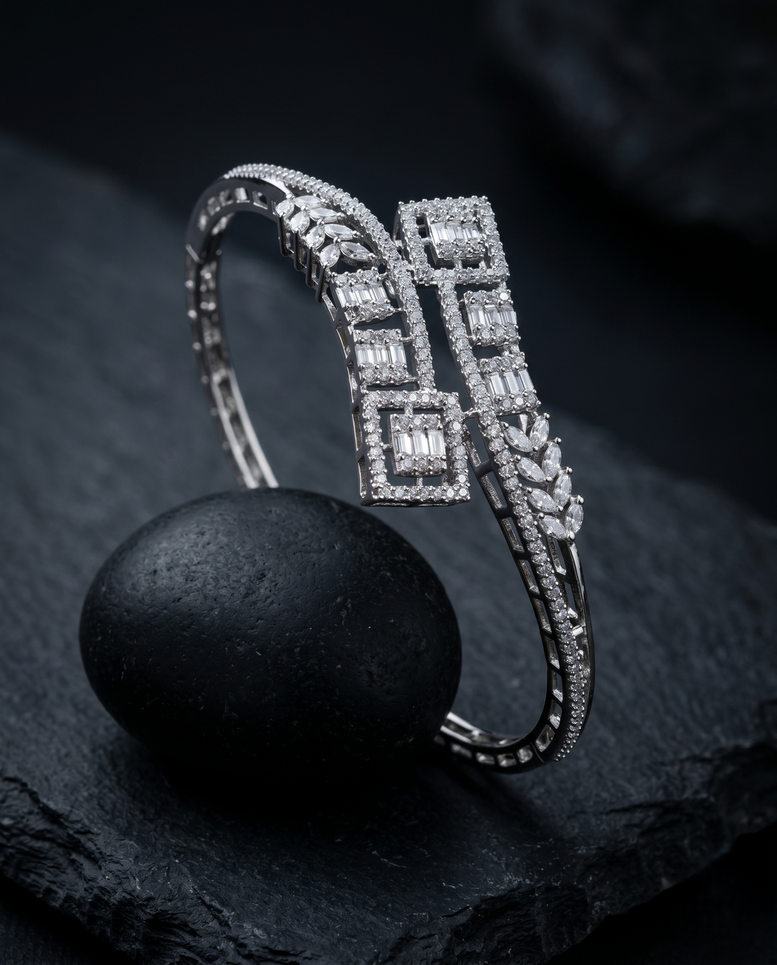 Designer Diamond Bracelet with Square & Leaf Motifs | Silver Polish Openable Bracelet for Women
