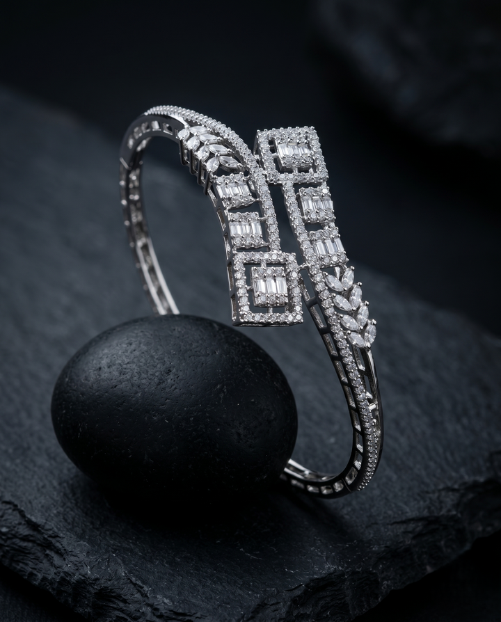 Designer Diamond Bracelet with Square & Leaf Motifs | Silver Polish Openable Bracelet for Women
