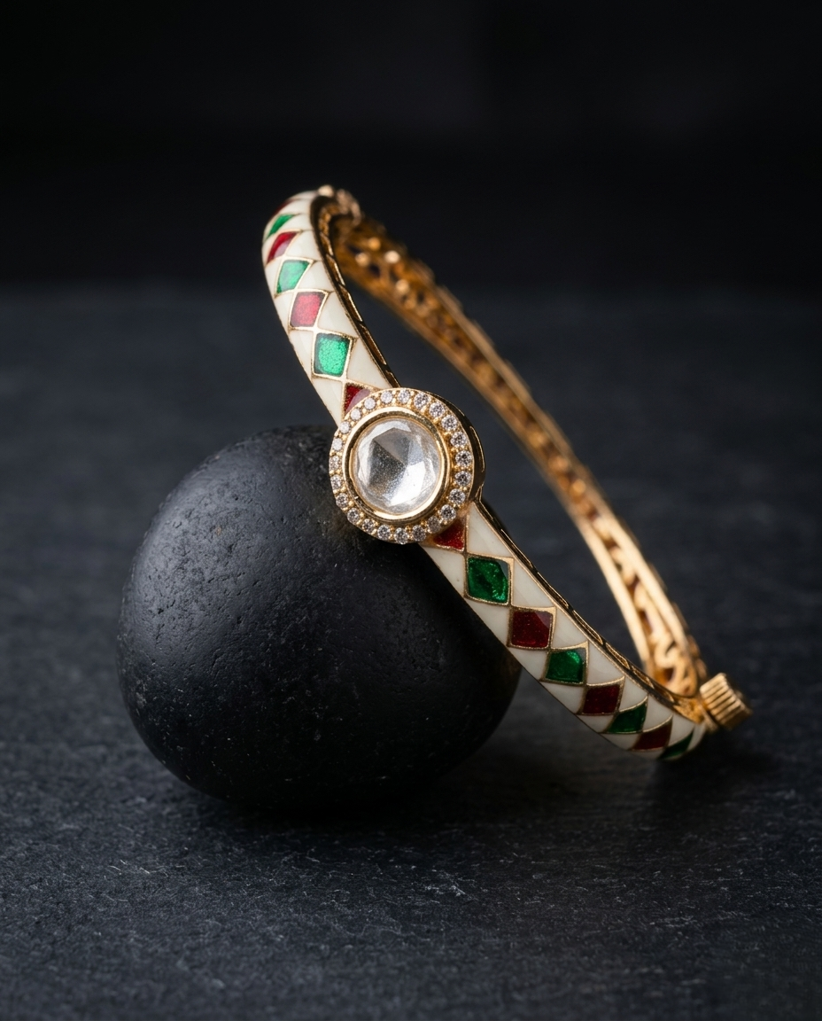 Designer Kundan Openable Bracelet for Women black background 
