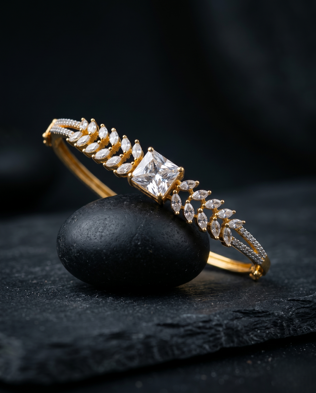 Designer Openable Emerald-Cut Diamond Bracelet for Women | Gold Polish American Diamond Kada | Size 2.4 & 2.6 
