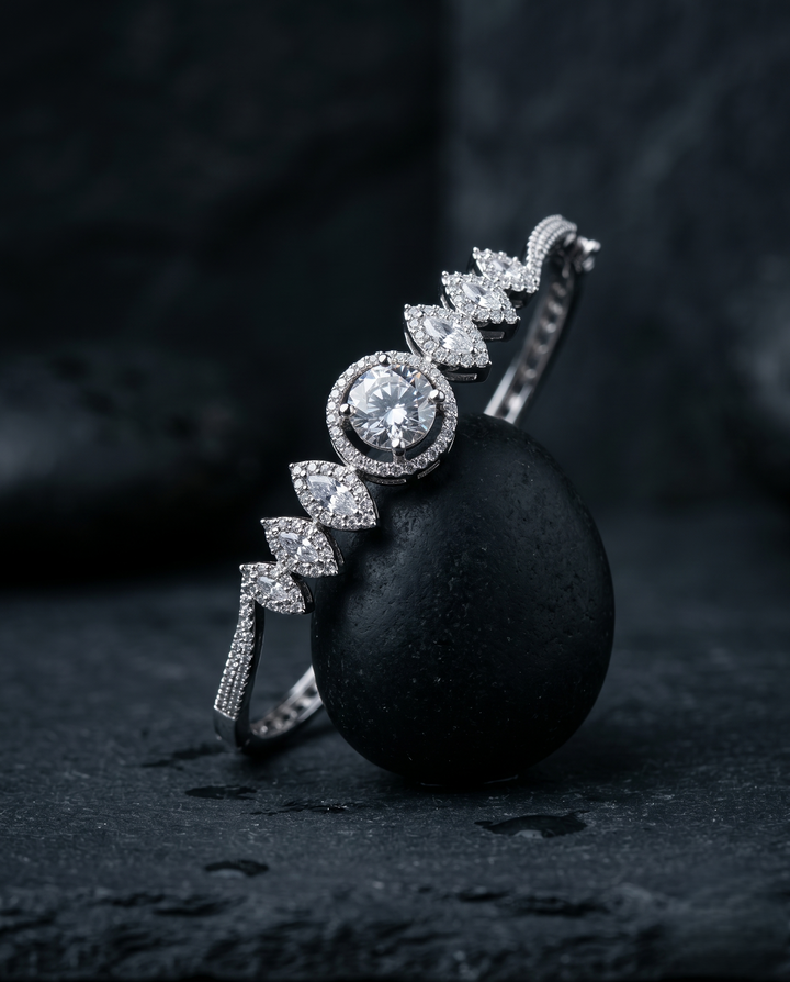 Designer Openable Round Diamond Bracelet for Women | Silver Polish American Diamond Kada | Size 2.4 & 2.6 with black background 
