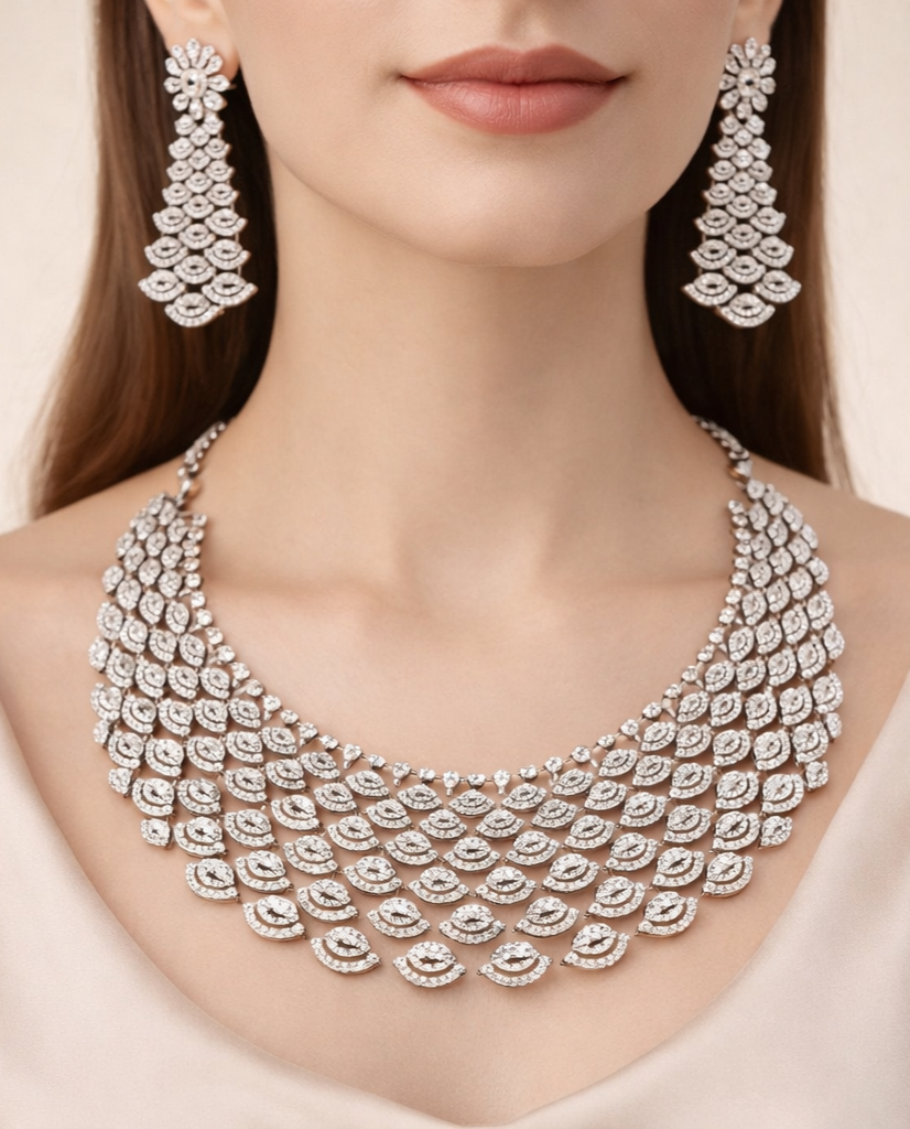Diamanté necklace and earrings on a model against a neutral background