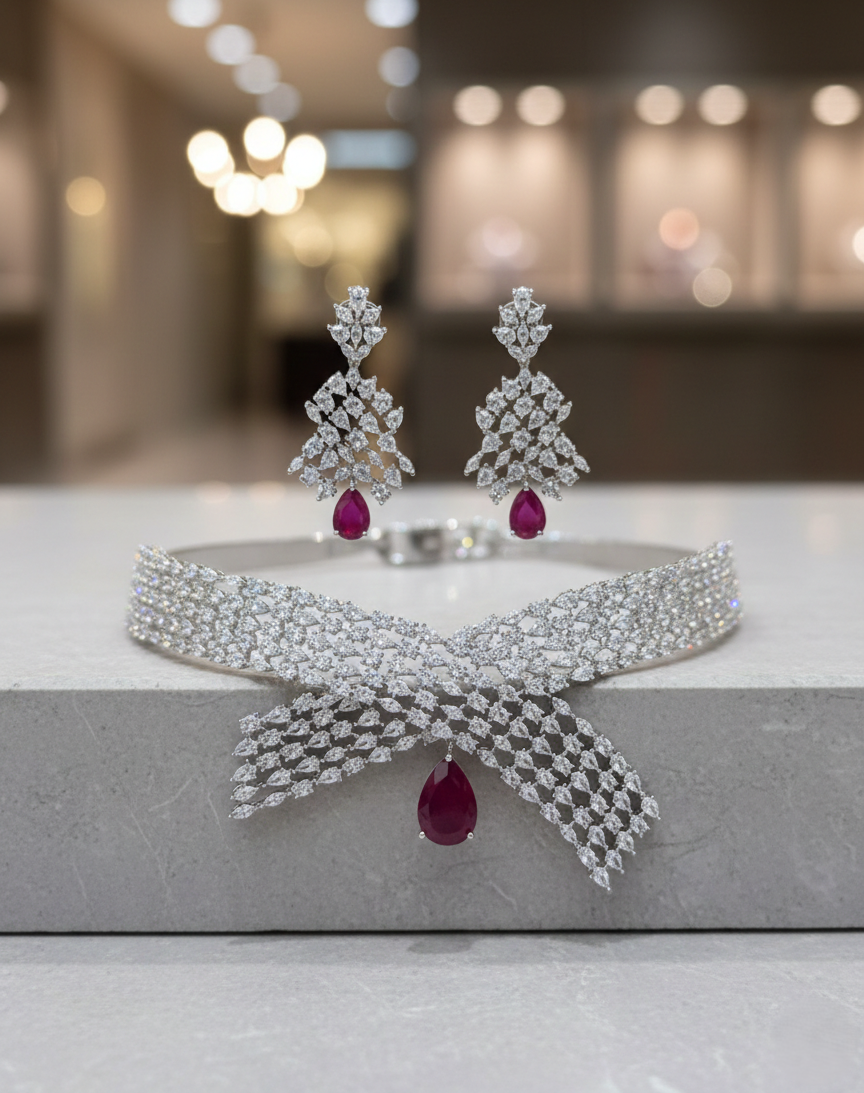 Diamond jewelry set with red gemstones on a blurred background