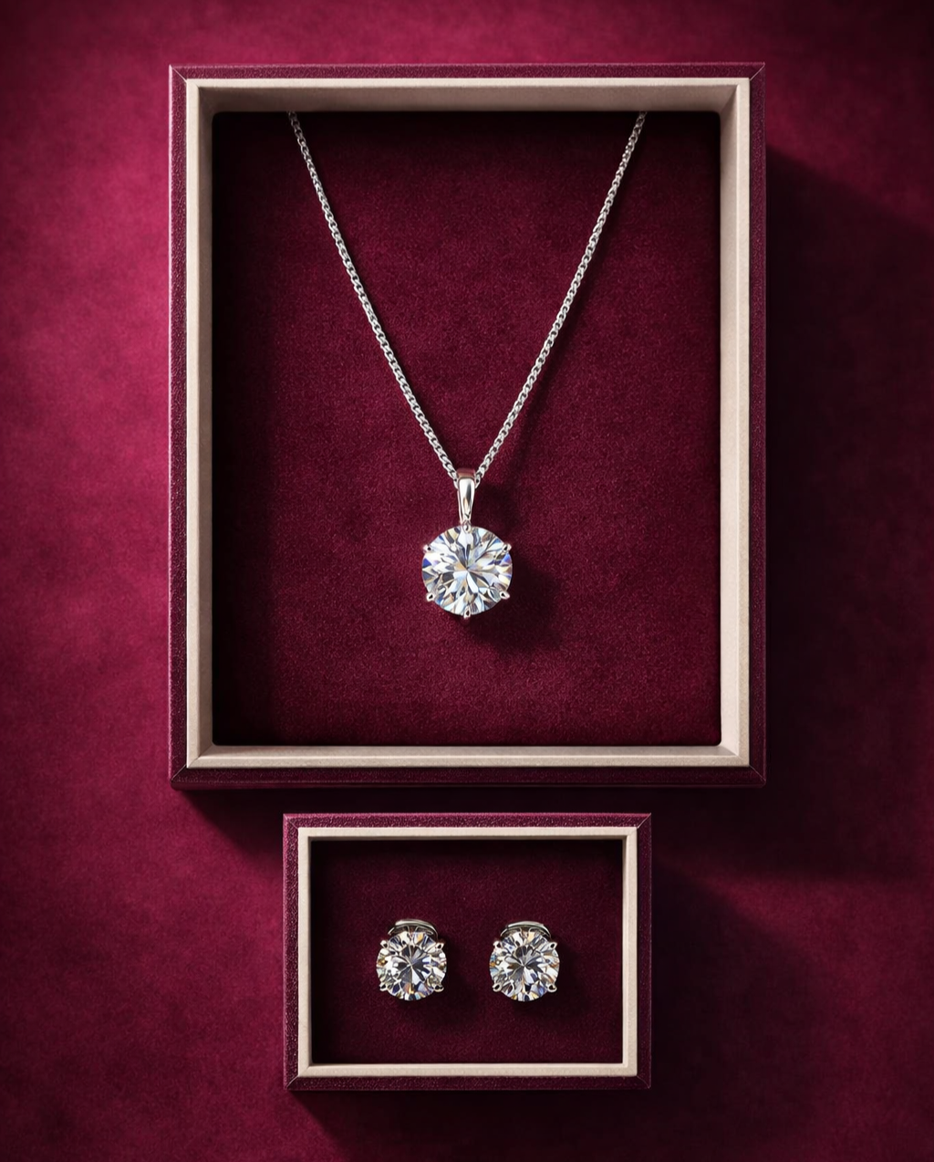 Diamond necklace and earrings in a jewelry box on a red background