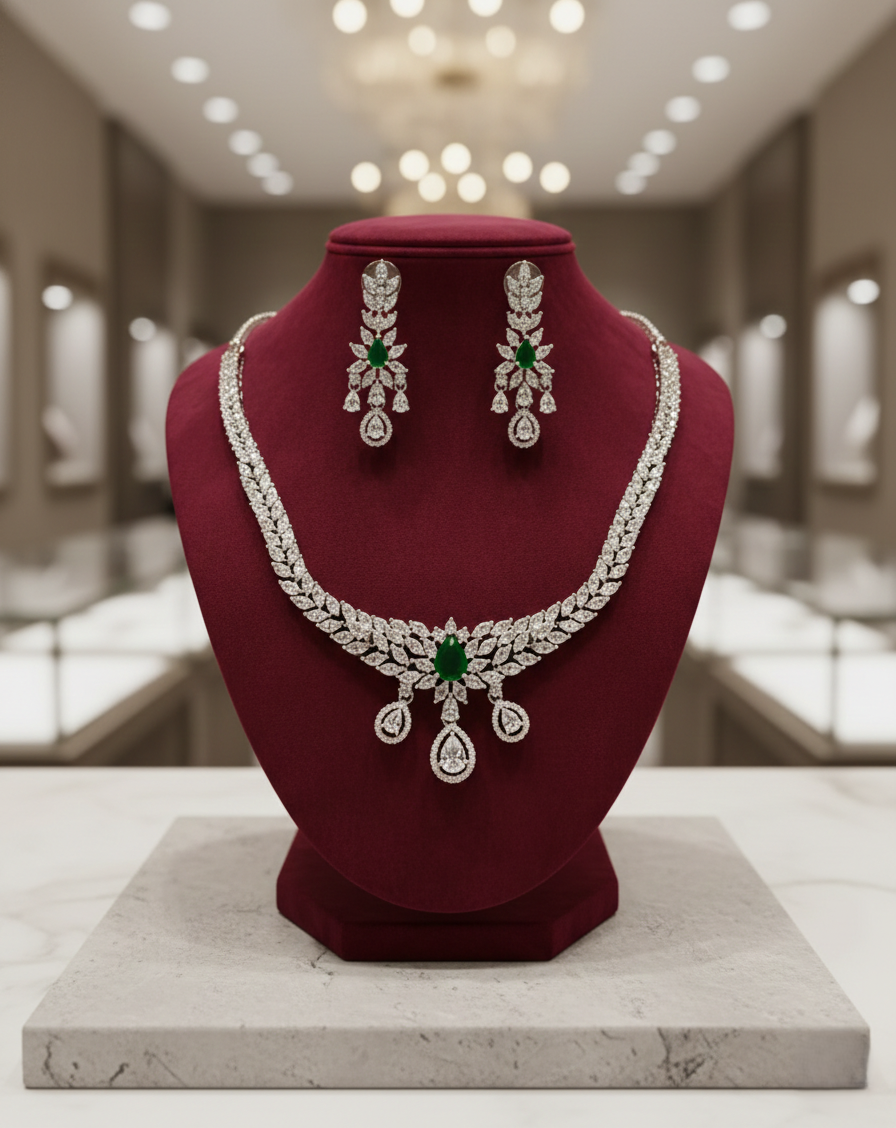 Green stone diamond necklace set with matching earrings in silver finish