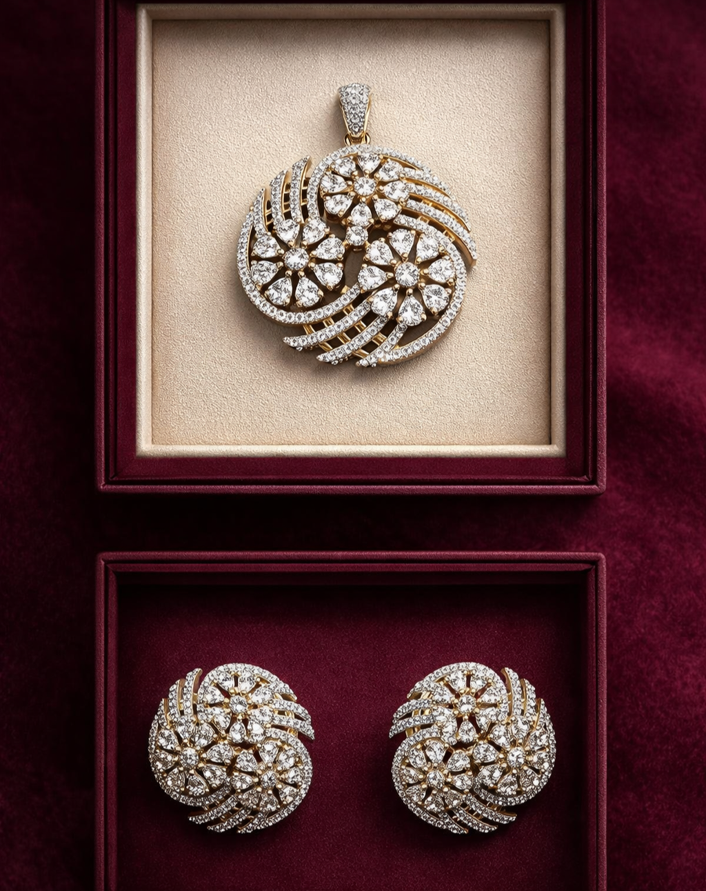 Diamond pendant and earrings in a jewelry box on a red fabric background