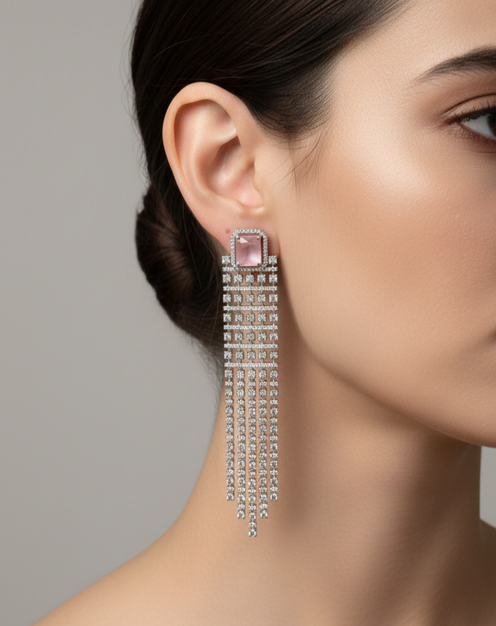 long diamond  pink stone silver finish earring for all ocassion 