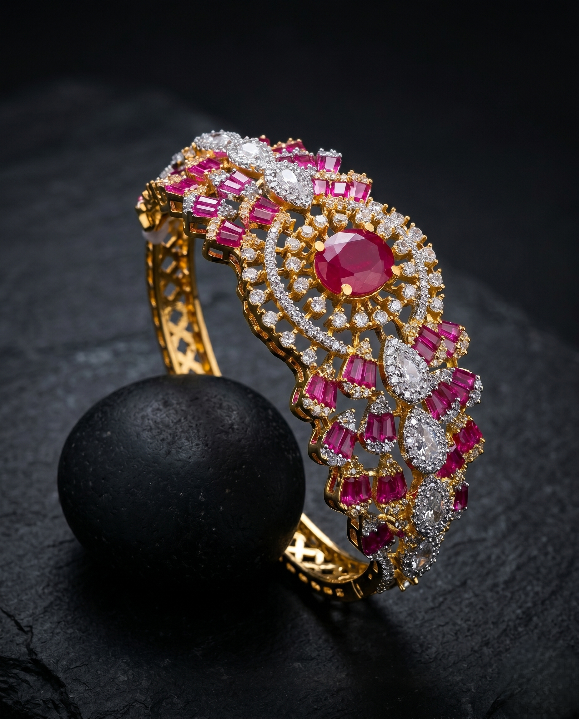 Elaborate gold bracelet with pink and white gemstones on a dark surface