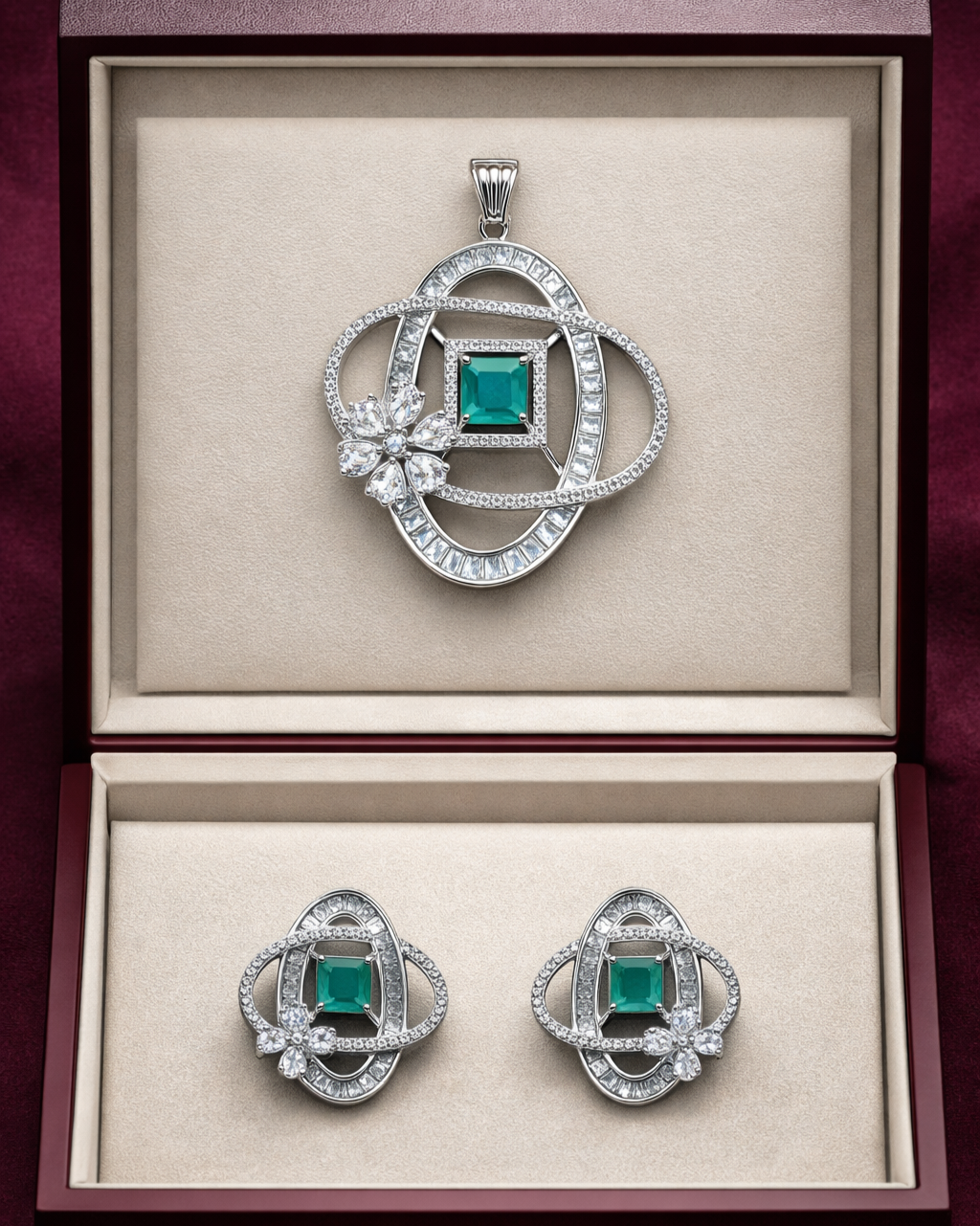 Jewelry set with pendant, earrings, and brooch in a box