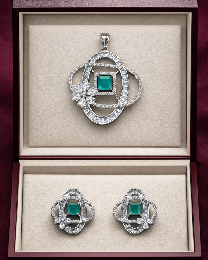 Jewelry set with pendant, earrings, and brooch in a box
