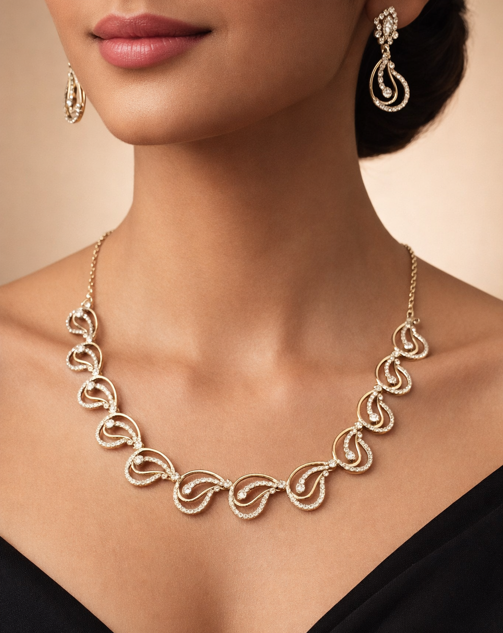 Close-up of a woman wearing a gold necklace and earrings on a beige background