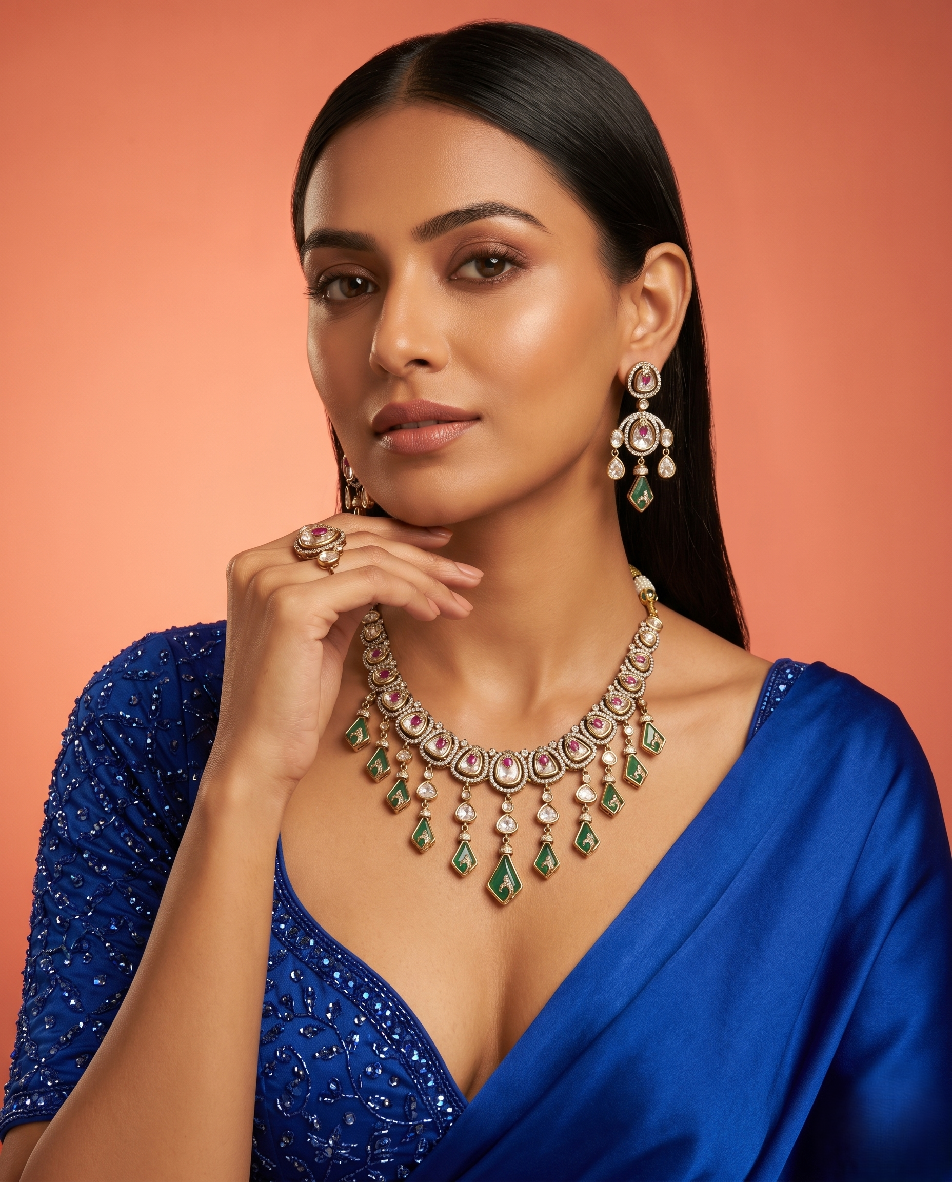 Elegant Kundan Necklace Set with Green Drops and Ruby Detailing Premium Gold Finish
