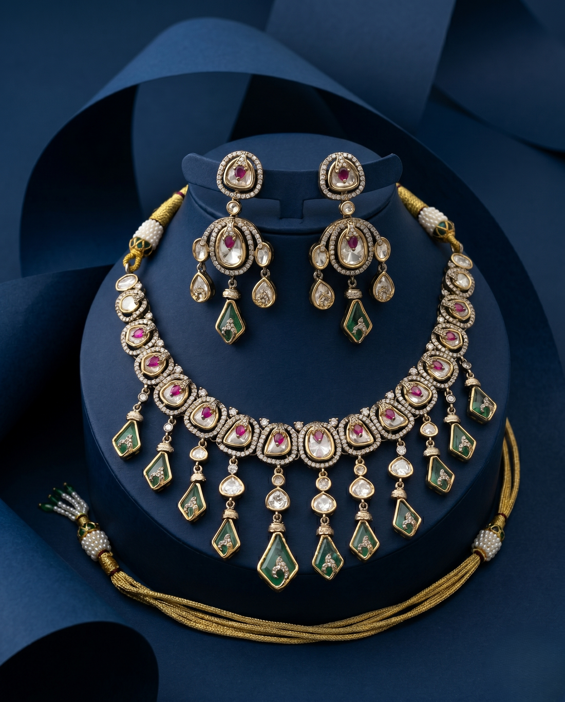 Elegant Kundan Necklace Set with Green Drops and Ruby Detailing Premium Gold Finish with blue background 
