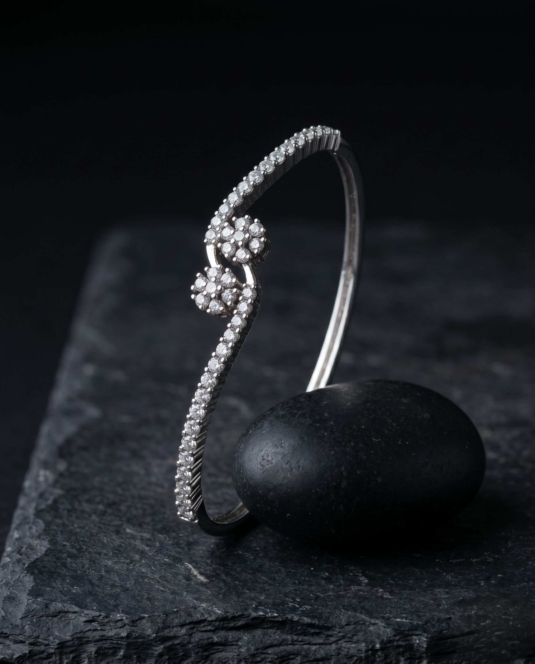 Elegant Openable Floral Diamond Bracelet for Women | Silver Polish American Diamond Kada | Size 2.4 & 2.6

