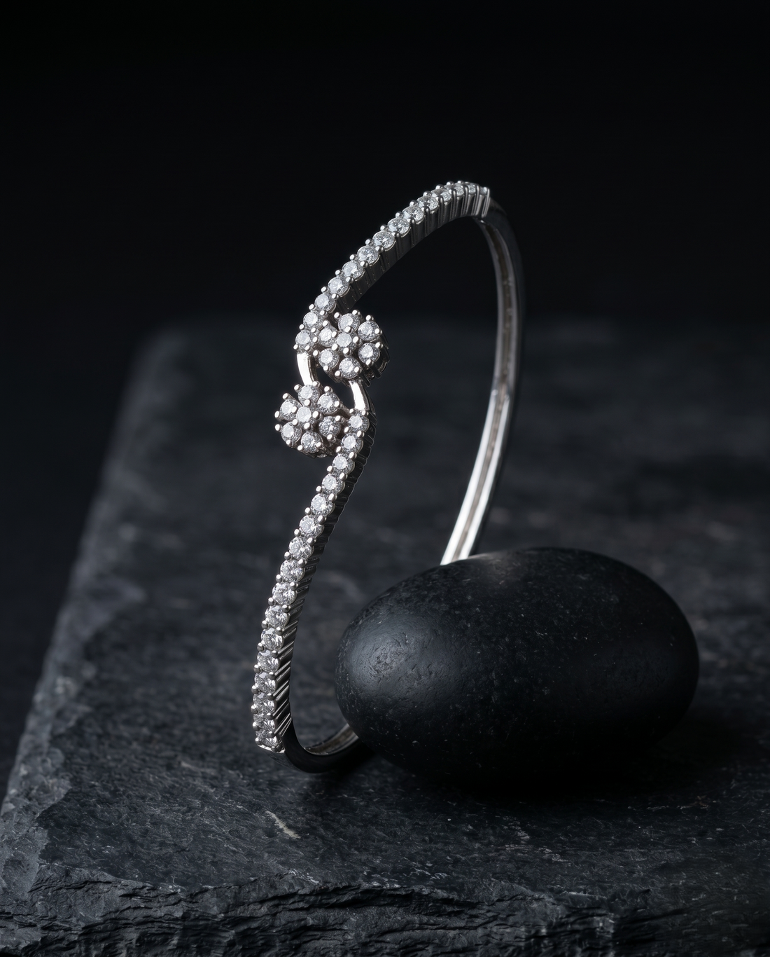 Elegant Openable Floral Diamond Bracelet for Women | Silver Polish American Diamond Kada | Size 2.4 & 2.6
