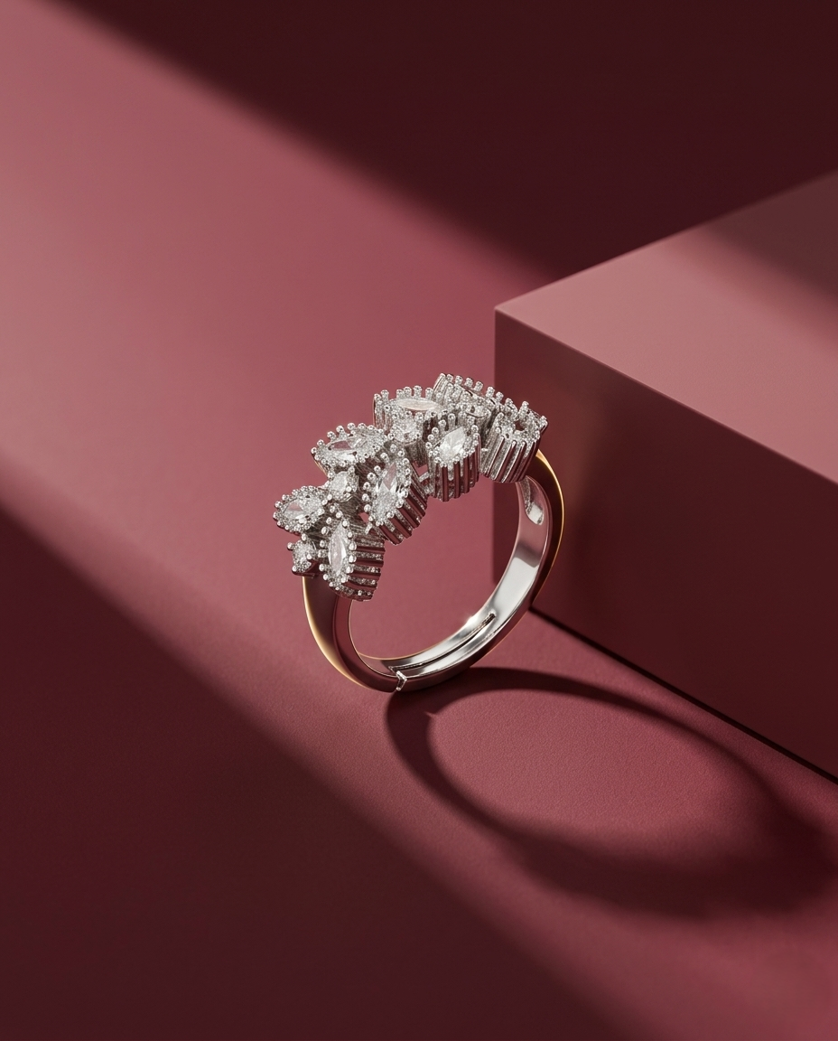 Elegant diamond ring on a pink background
