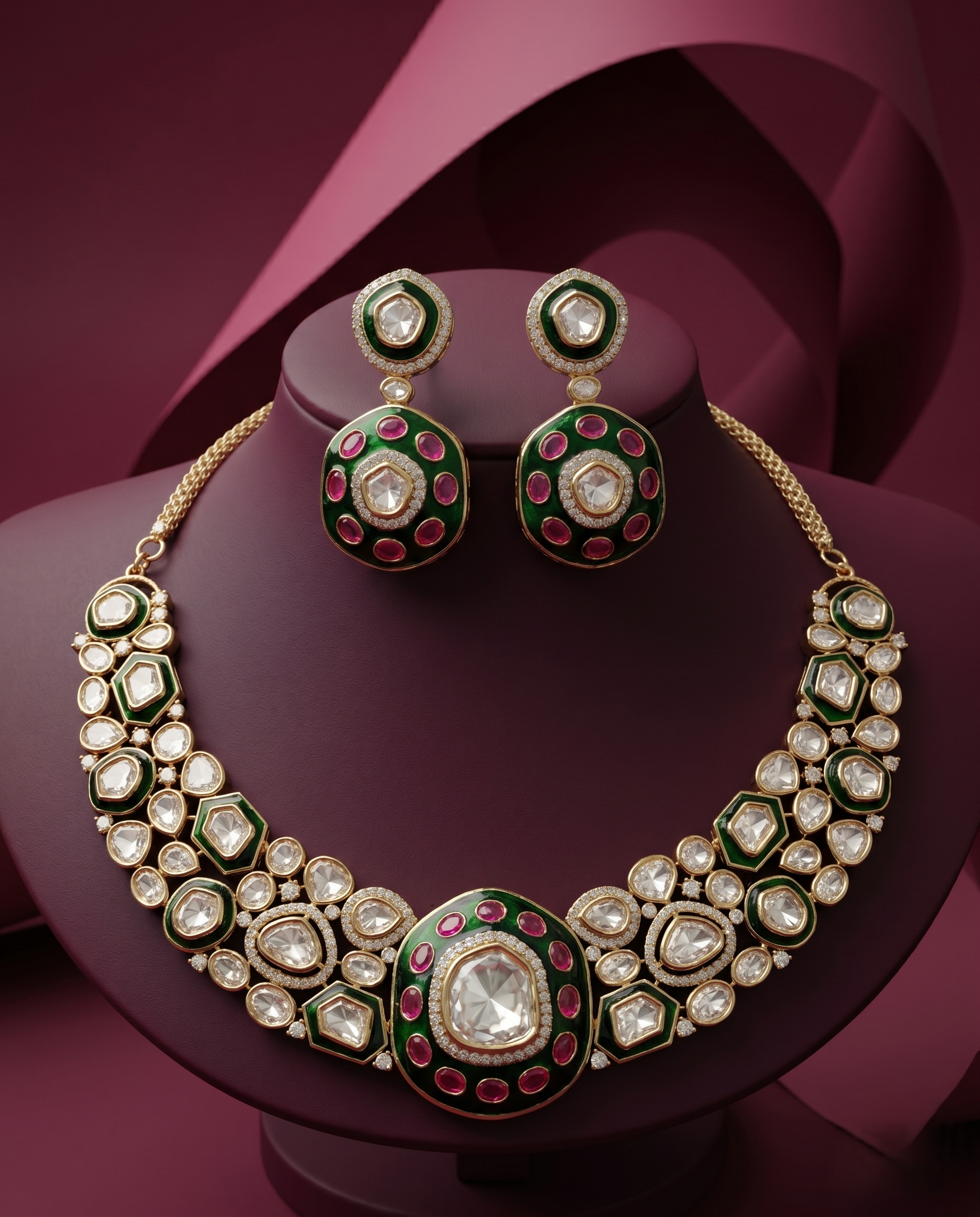 Elegant jewellery ensemble featuring emerald and red gemstone detailing in gold tone with maroon wine background 