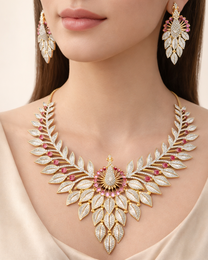 Elegant necklace and earrings on a model against a neutral background