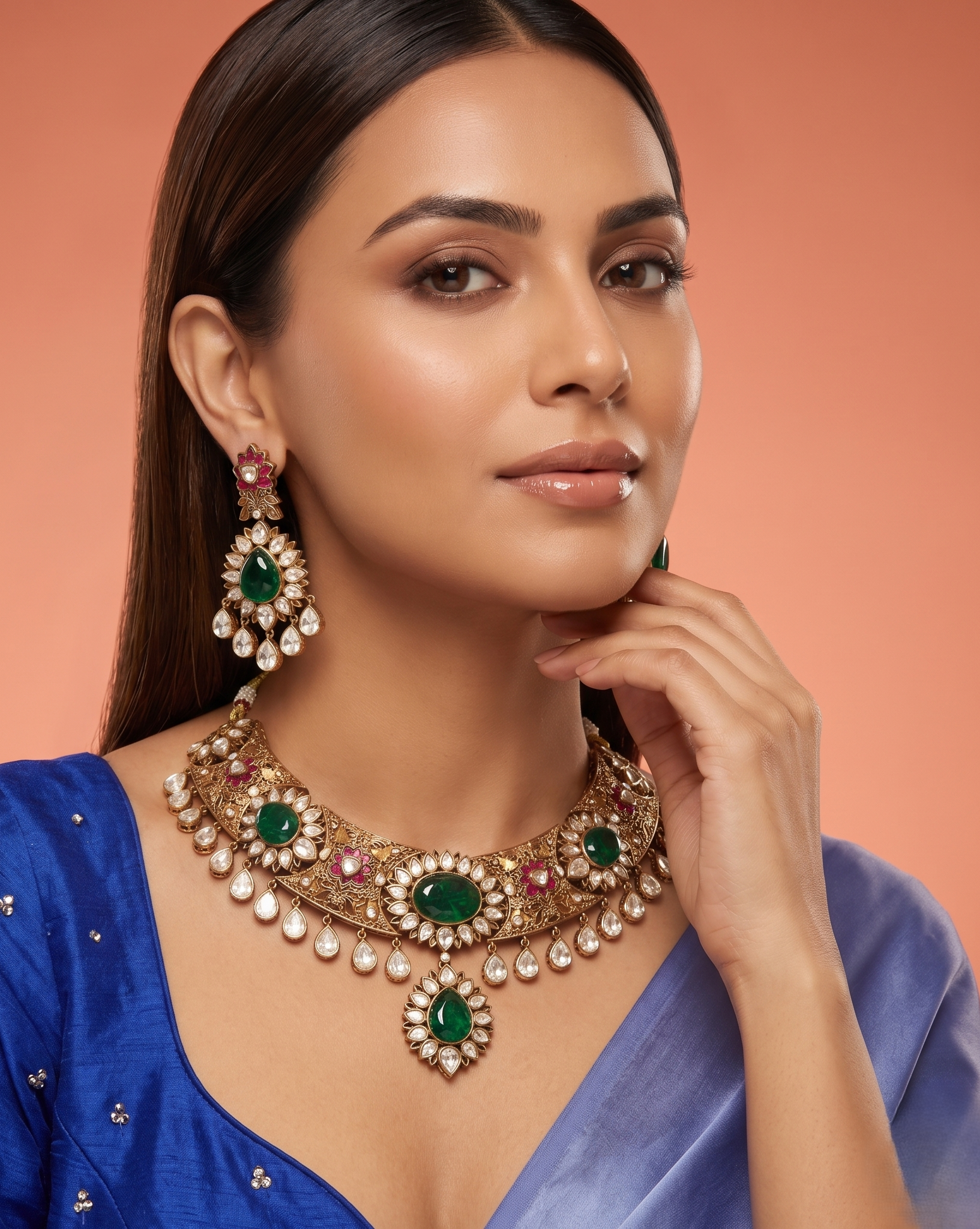 Emerald Green Kundan Bridal Necklace Set with Maang Tikka
