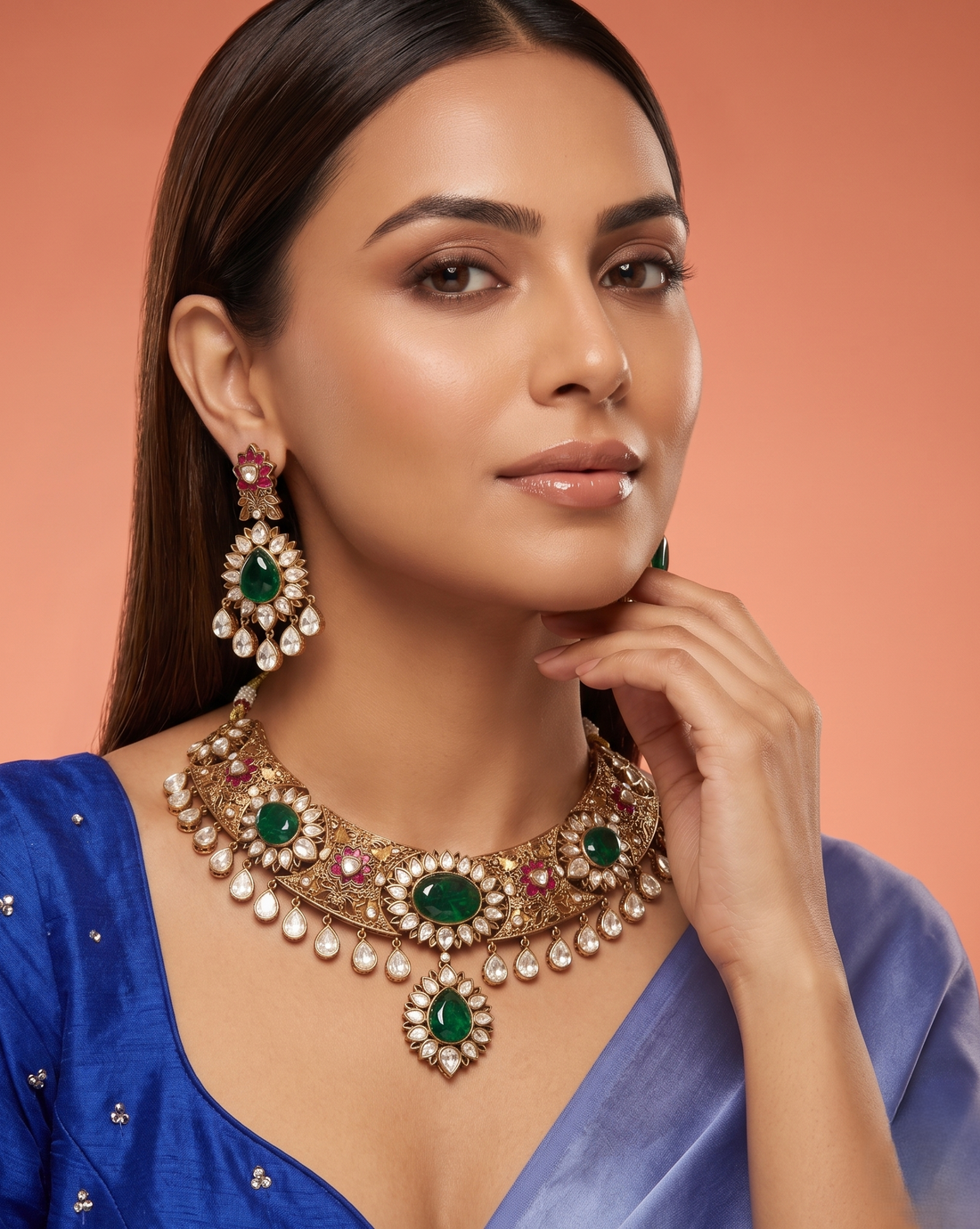 Emerald Green Kundan Bridal Necklace Set with Maang Tikka

