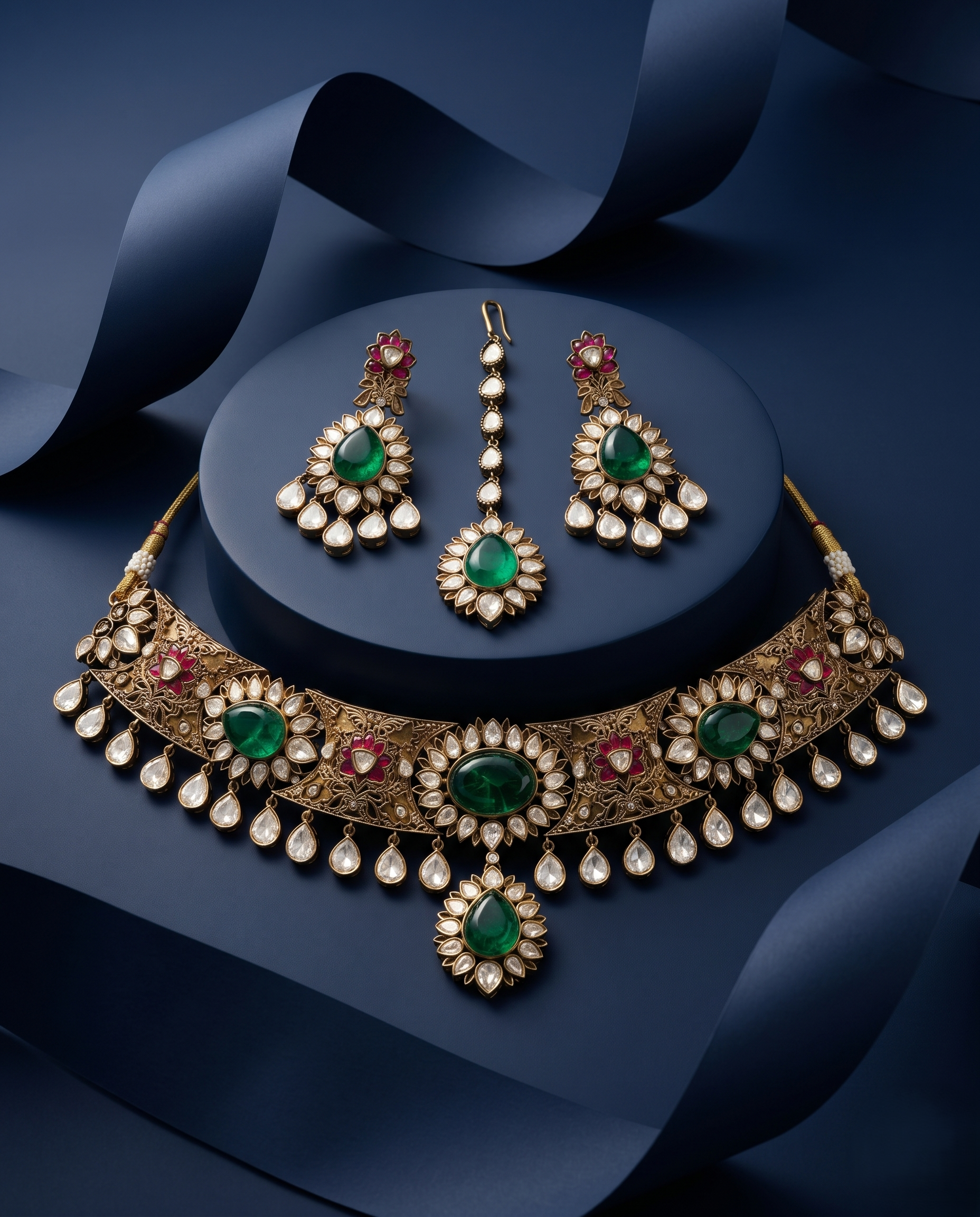 Emerald Green Kundan Bridal Necklace Set with Maang Tikka
with blue background