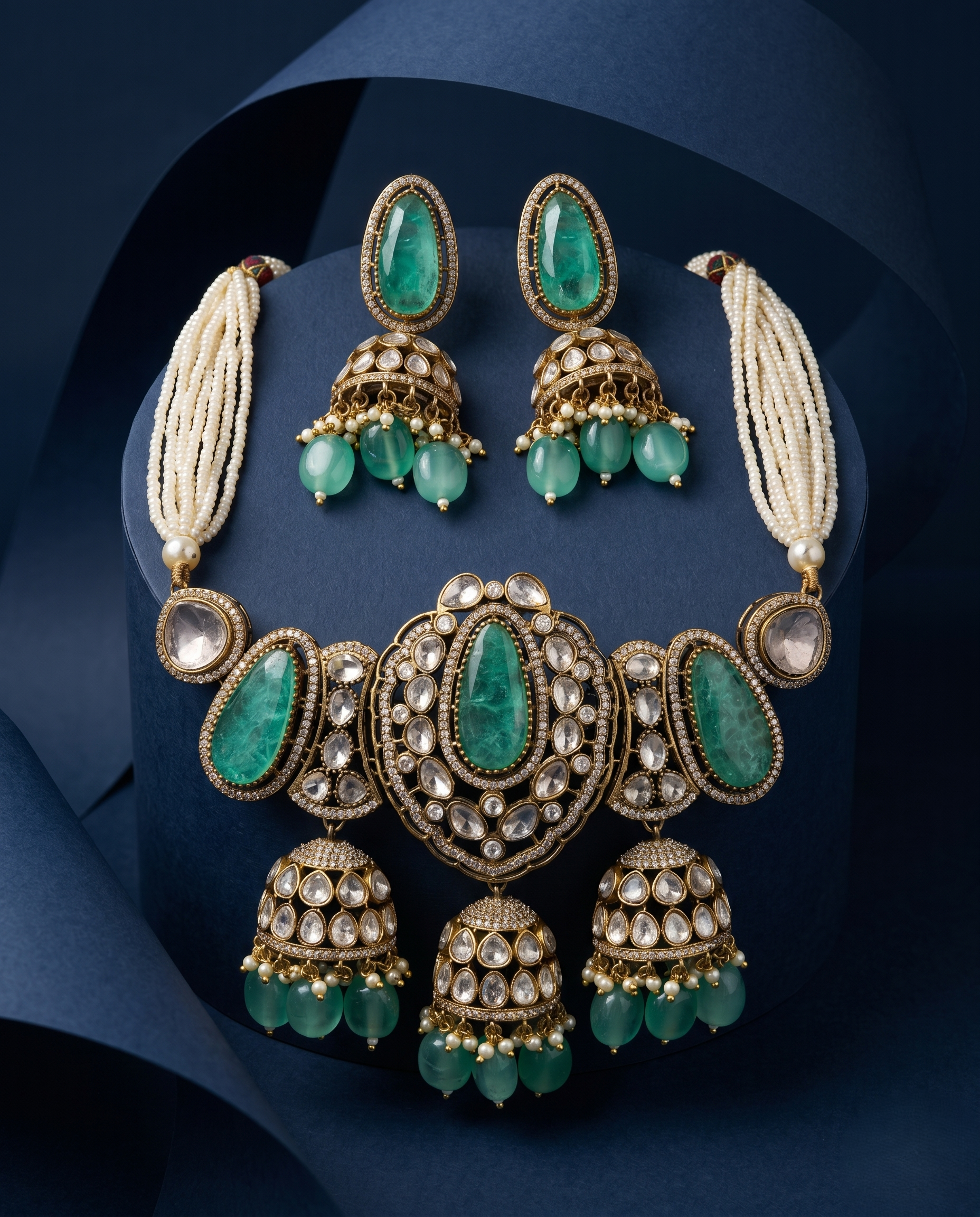 Emerald Green Kundan Necklace Set with Jhumka Earrings | Bridal Jewellery with blue background 
