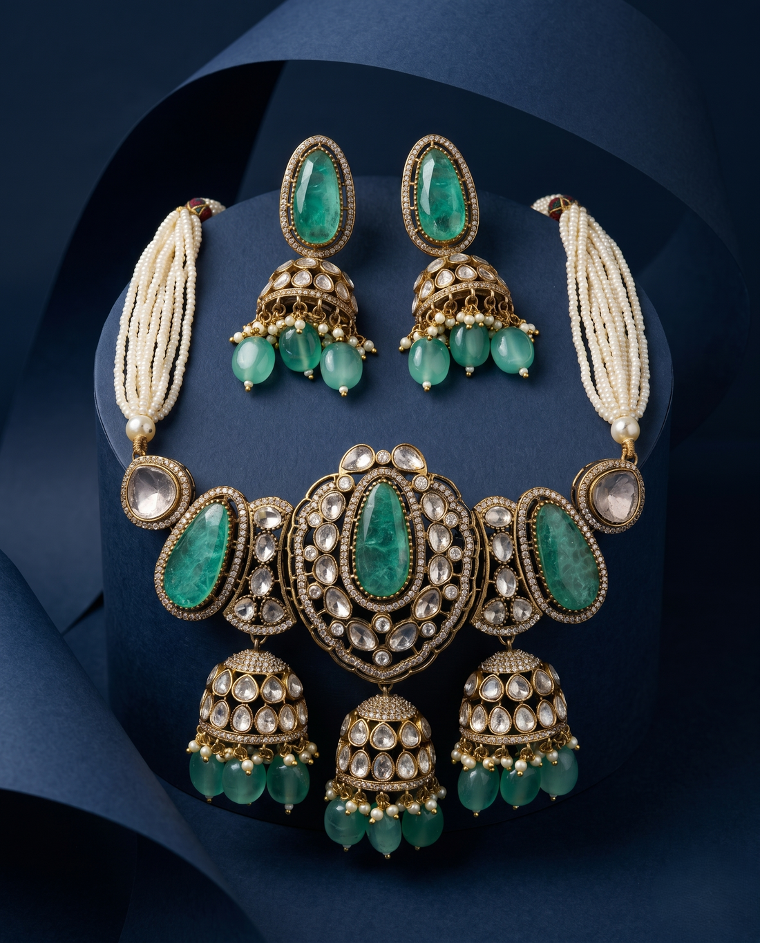 Emerald Green Kundan Necklace Set with Jhumka Earrings | Bridal Jewellery with blue background 
