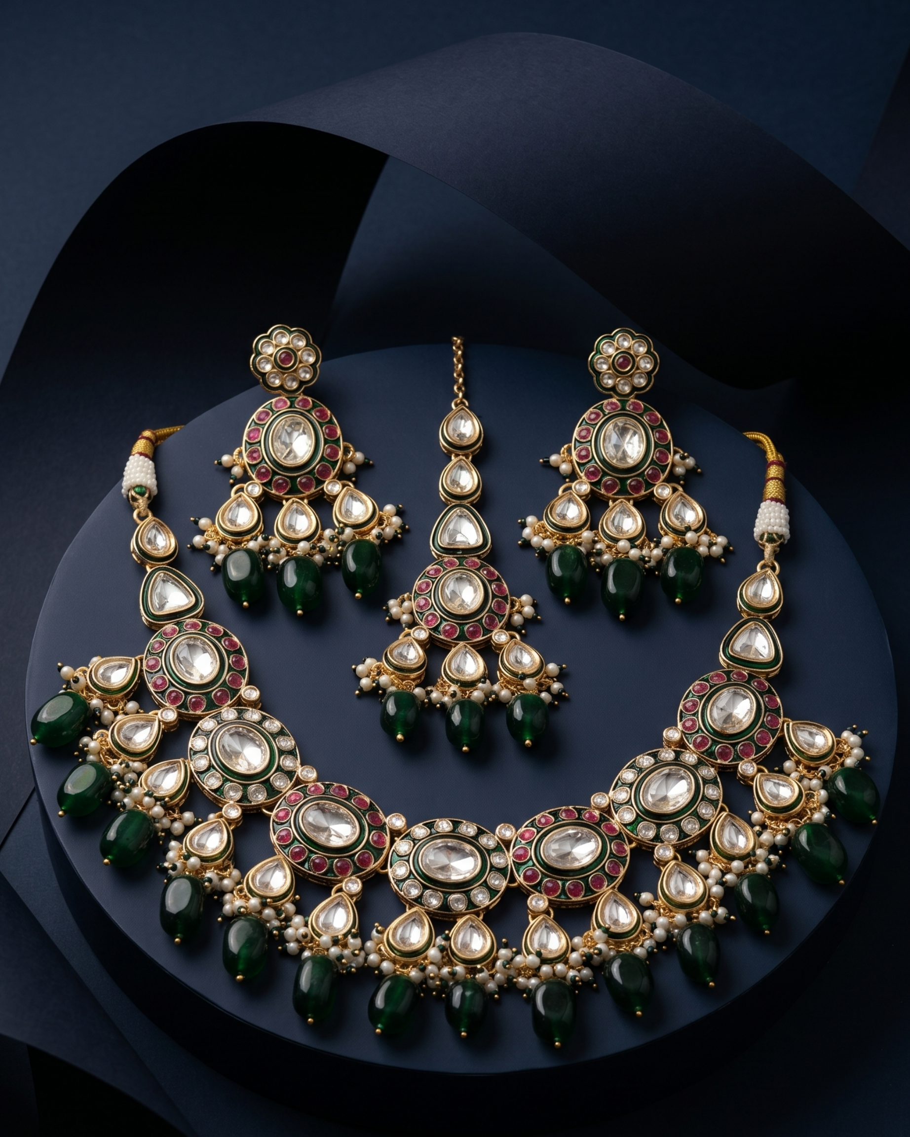 Green Ruby Kundan Pearl Necklace Set with Earrings & Maang Tikka
with blue background
