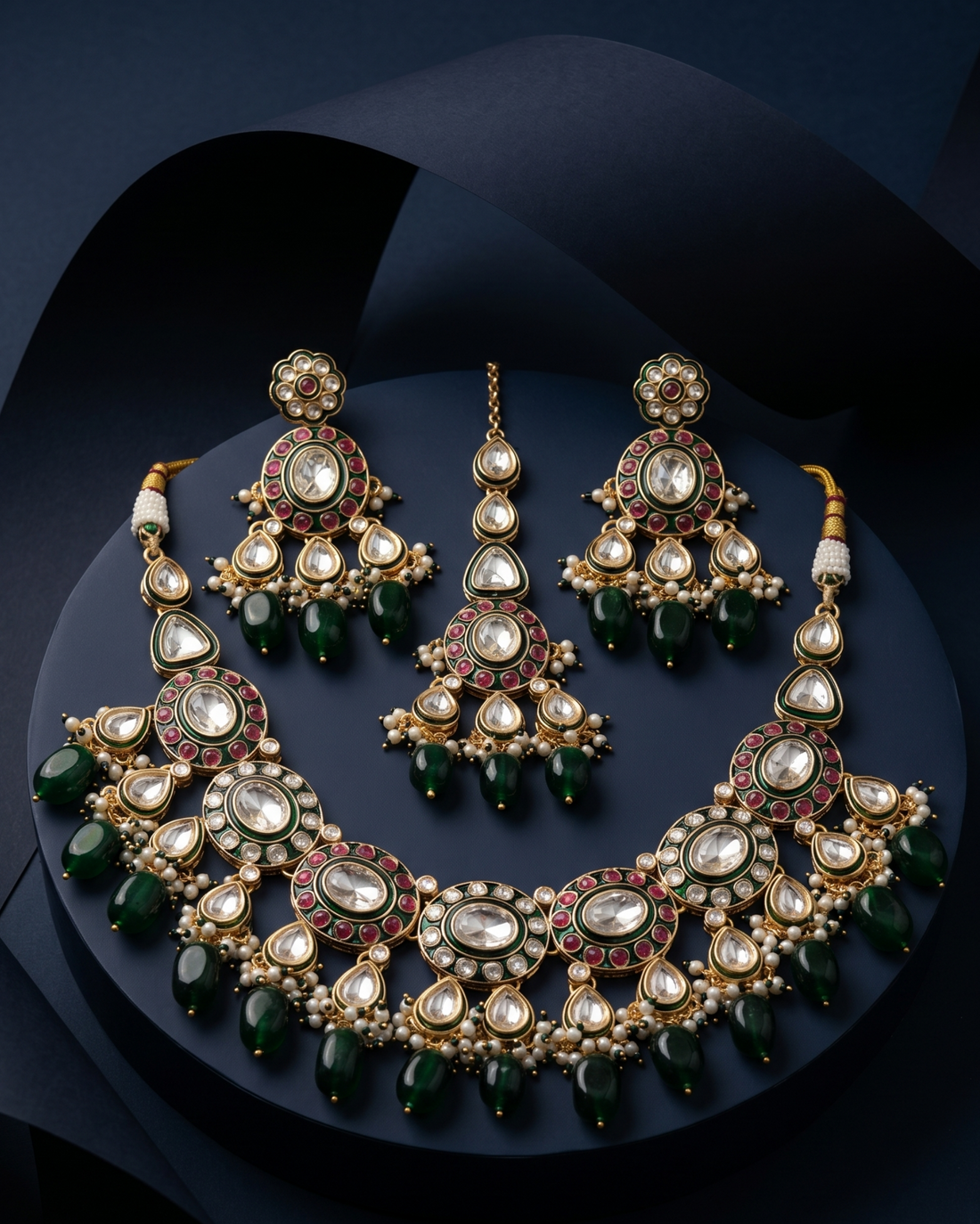 Green Ruby Kundan Pearl Necklace Set with Earrings & Maang Tikka
with blue background