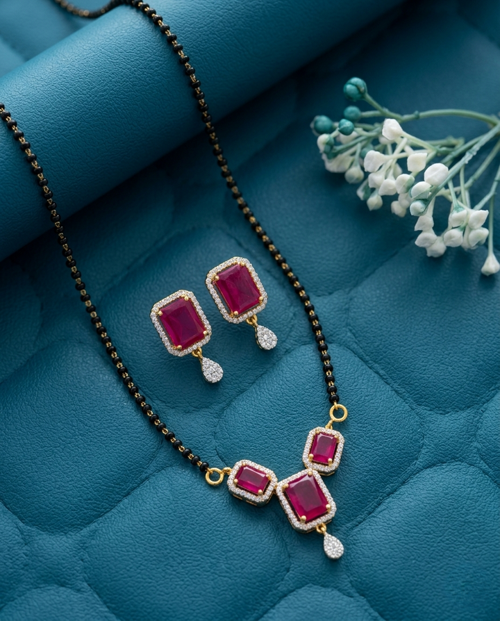 Ruby Red Stone Designer Mangalsutra Set – Diamond Look Gold Finish ( 18 Inch Chain )
