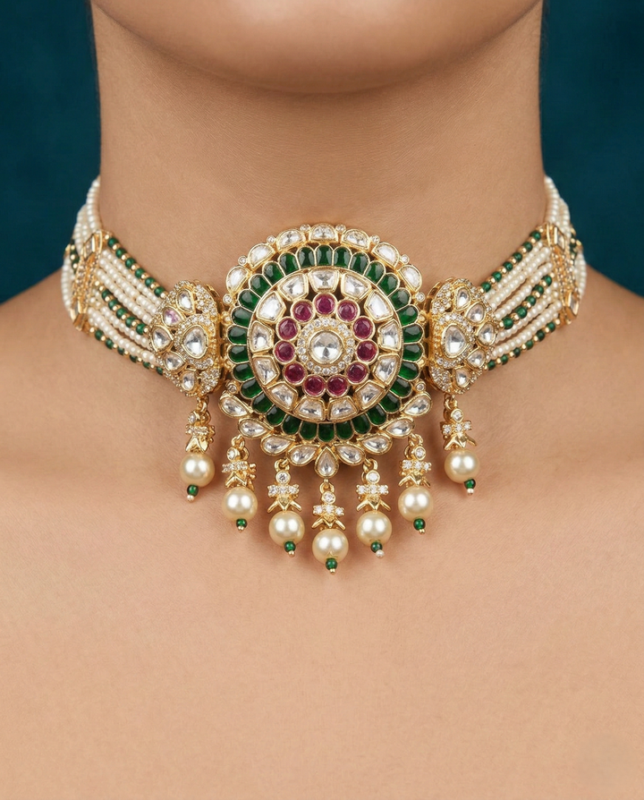 Bridal Kundan Pearl Choker Set with Ruby Green Stones and Matching Earrings