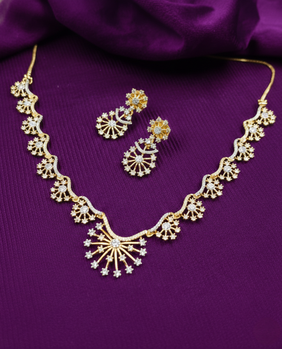 Gold Finish Diamond Look Floral Motif Necklace Set with Earrings