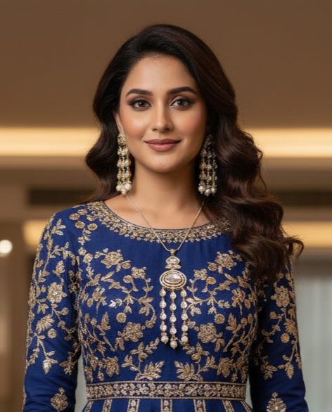Woman wearing a blue embroidered dress with gold details indoors
