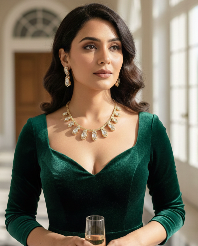 Woman in a green dress with a gold necklace holding a glass, indoors.