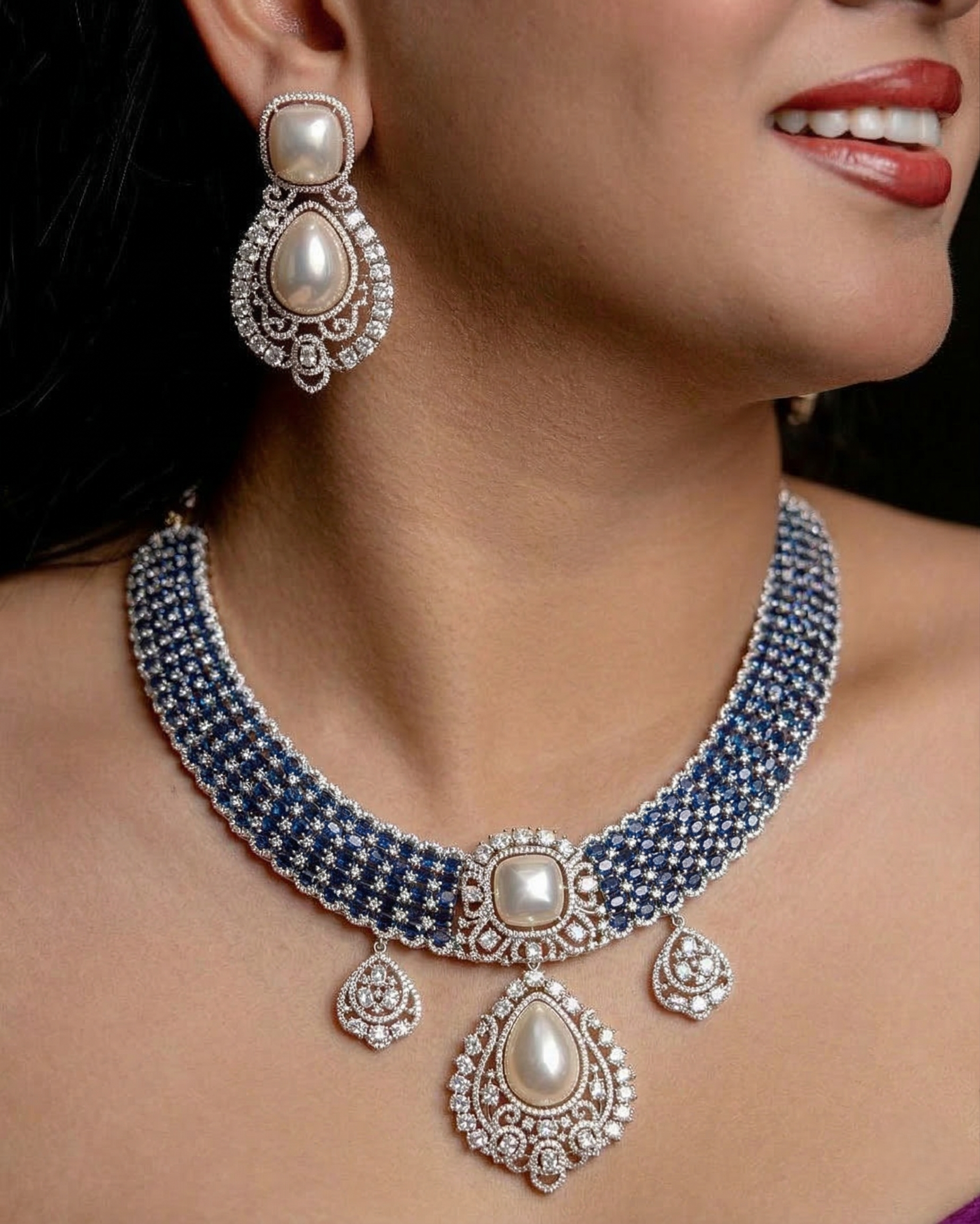 Blue Stone American Diamond Pearl Choker Necklace Set