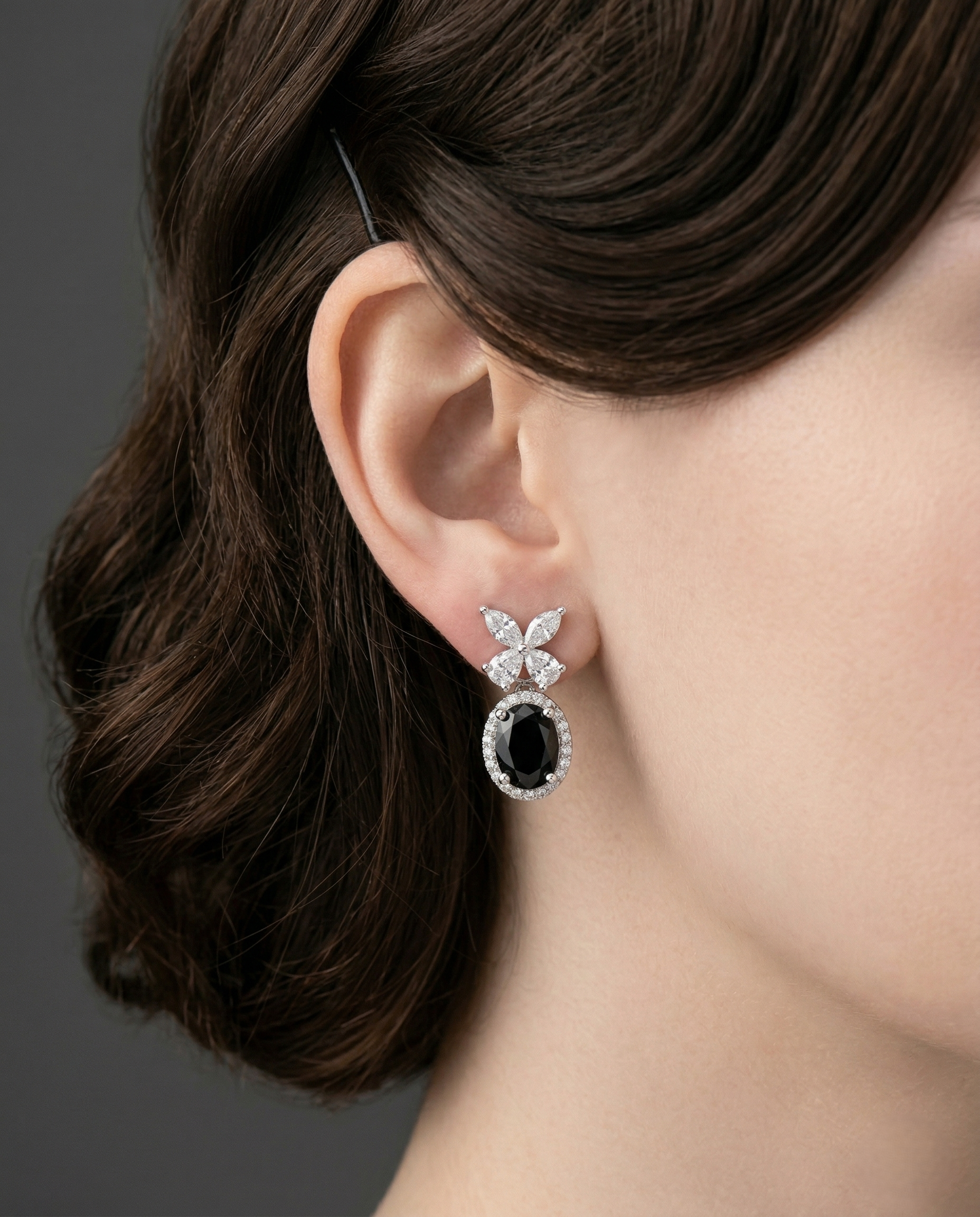 Veloura Bloom Drops – Floral Diamond Oval Earrings in Ruby, Black, White & Green