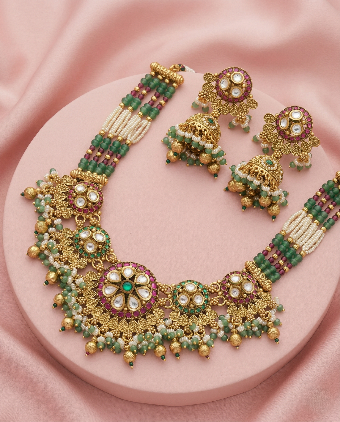 Traditional Gold Finish Pearl Antique Necklace Set with Green Beads, Kundan Work & Pink Stones
