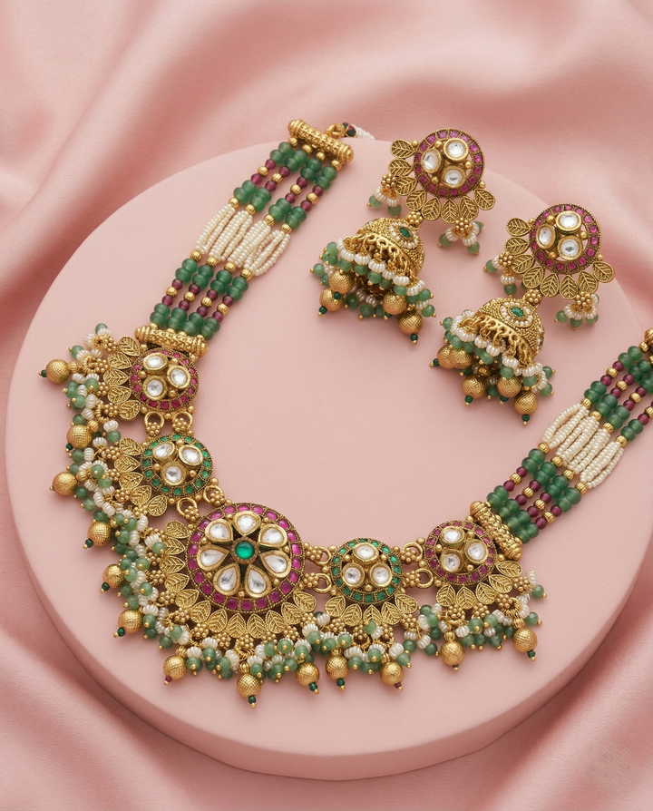 Traditional Gold Finish Pearl Antique Necklace Set with Green Beads, Kundan Work & Pink Stones